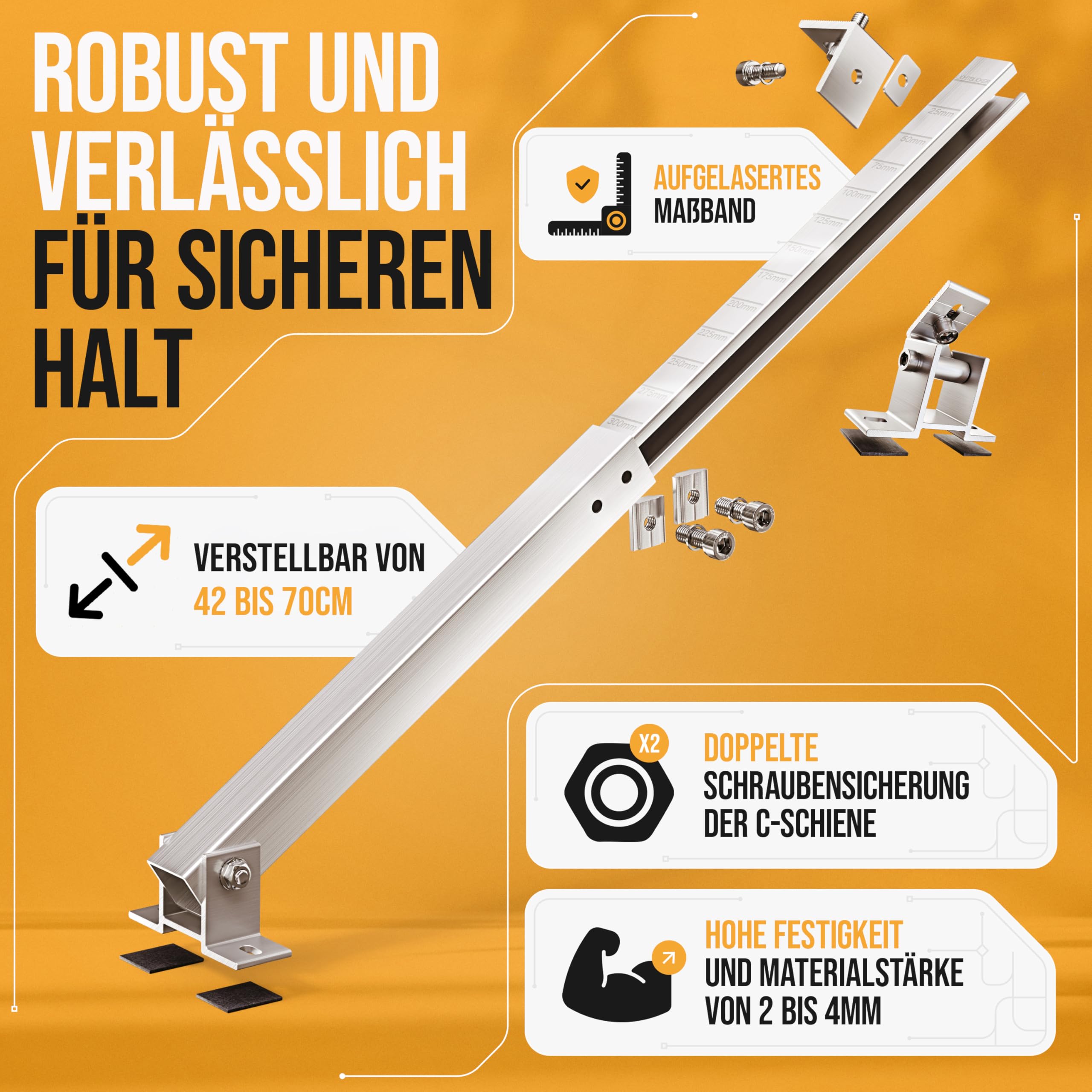4x Balkonkraftwerk Halterung verstellbar. 0% MwSt. Stabiles Aluprofil mit Edelstahlschrauben. Für Flachdach, Wand etc. Aufständerung für 2x Solarmodule. Verstellbar zwischen 42 und 70cm - Lichtblicker