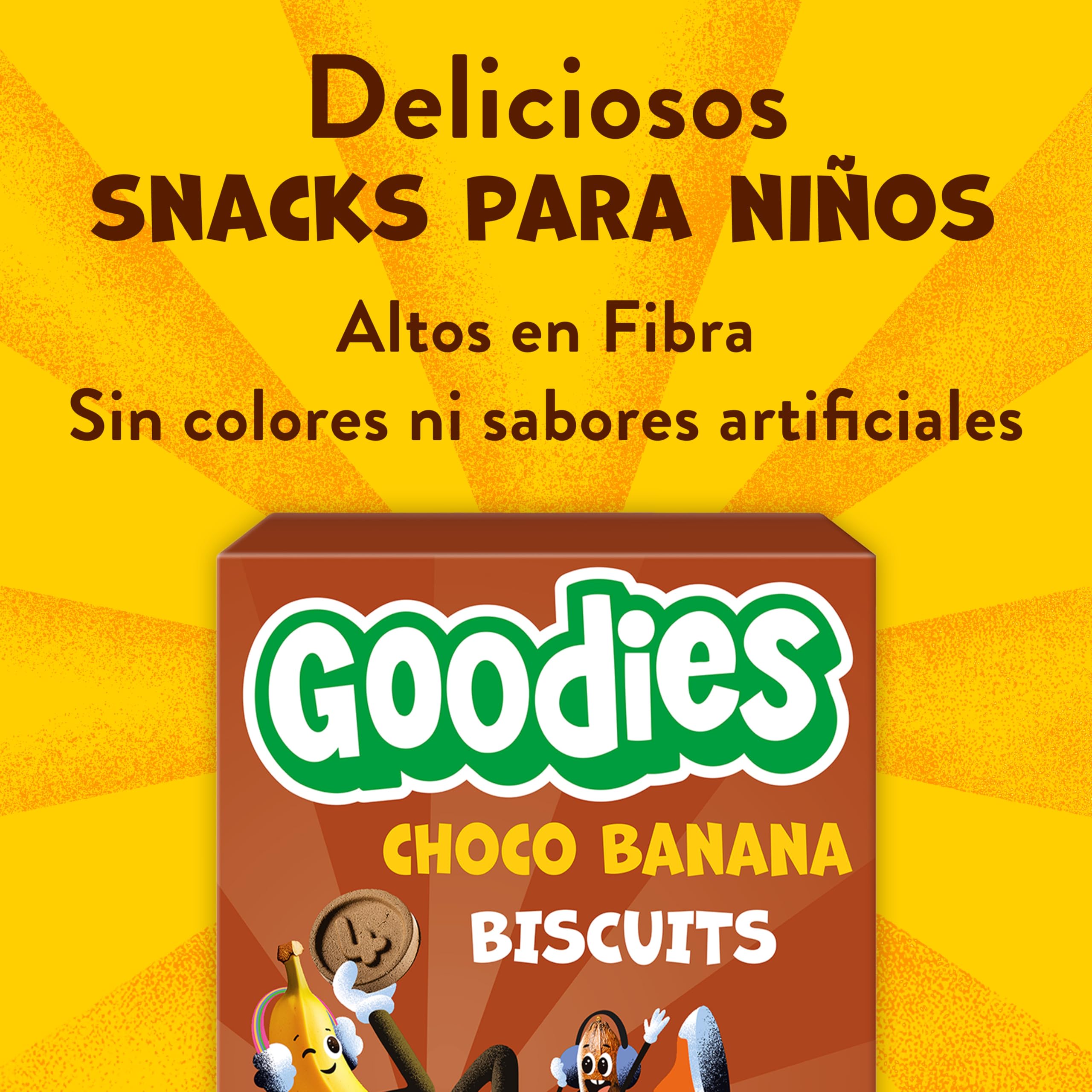 Goodies, Galletas para Niños Sabor Chocolate y Plátano, Biscuits Choco Banana Ricas en Fibra y Sin Aceite de Palma, 3 cajas 4x20g