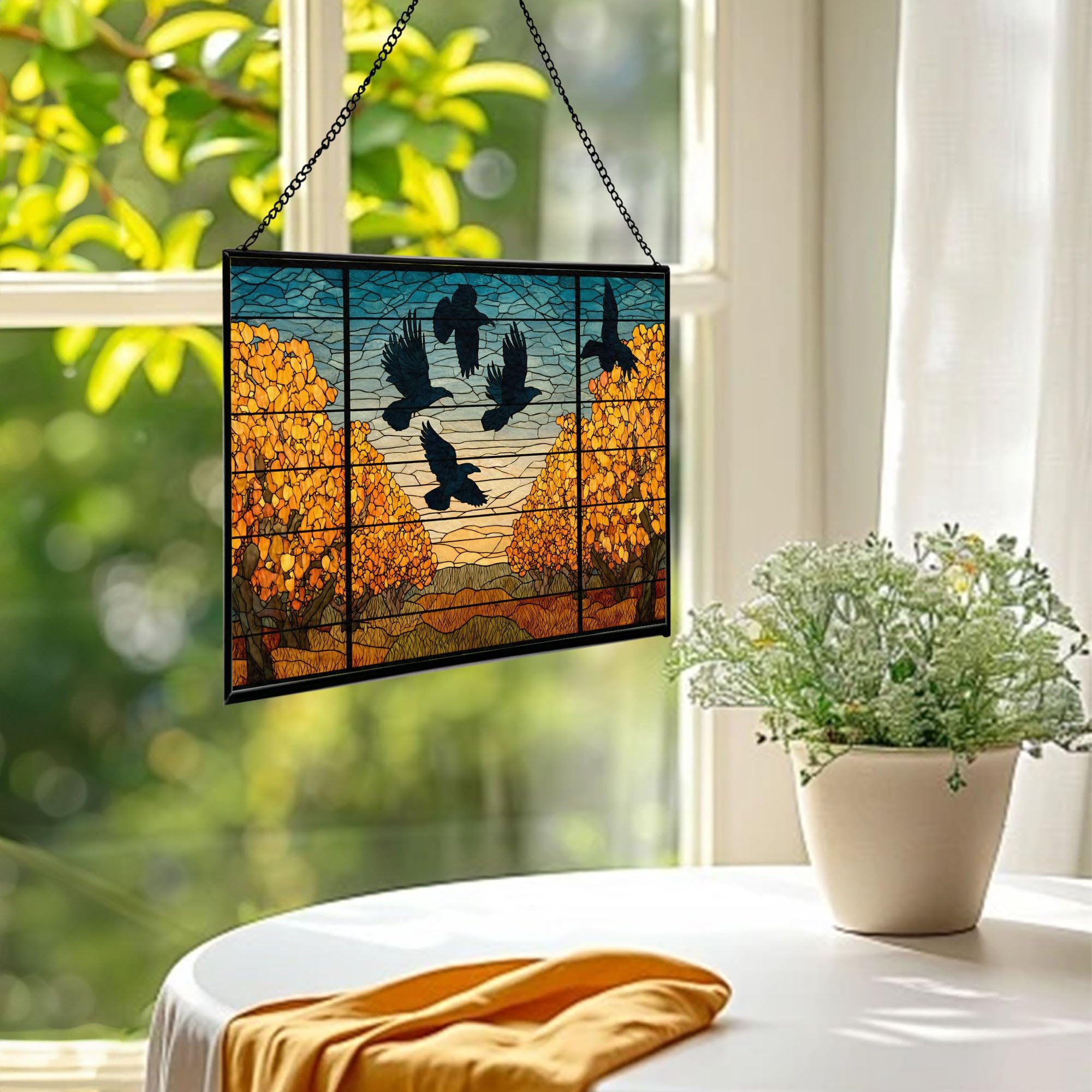 Crows Flying Over Autumn Orchard Rectangular Stained Glass Suncatcher – Hanging Window Panel with Animal & Nature Scene – Vibrant Glass Art Gift for Wildlife, Fantasy, Nature Lovers 90NTOm