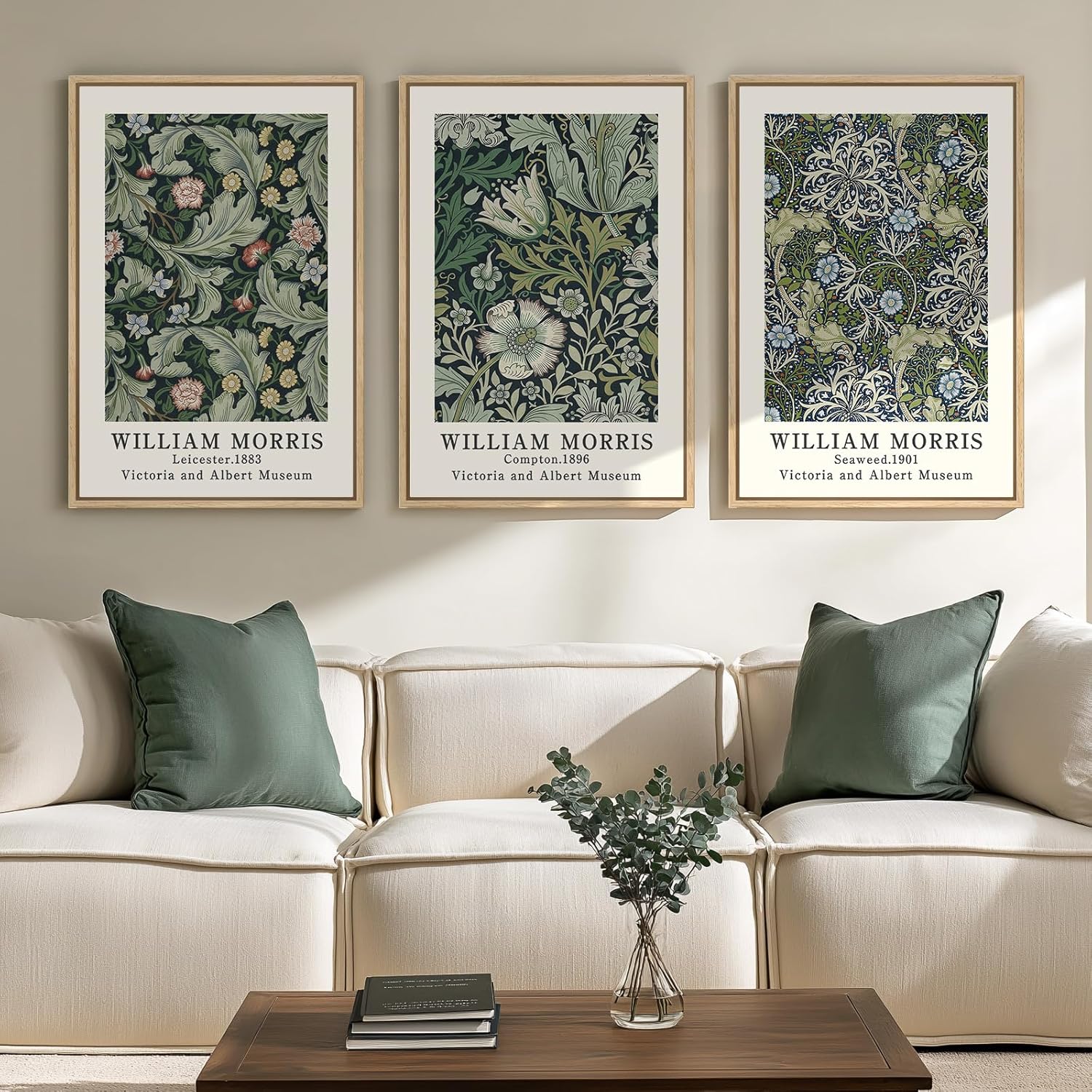 Framed William Morris Canvas Wall Art Green Decor Set of 3, Vintage Large Floral Artwork Prints, Boho Farmhouse Botanical Picture Prints for Living Room, Bedroom, Hallway, Office, Total Size 30x60 20"W x 30" H x 3Pcs Green