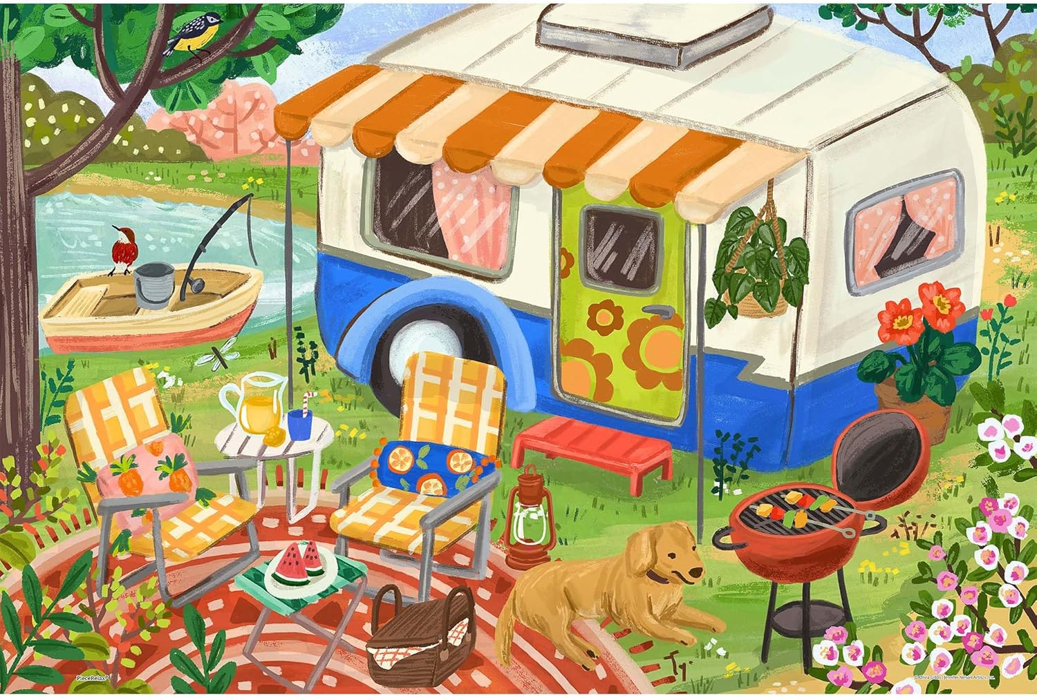 PieceRelax PieceClicks Plastic Jigsaw Puzzle for Adults 500 Pieces - Olivia Gibbs - Campervan Camping Day - 18.8 X 12.6 Inches, Most Satisfying Table Games, No Glue Needed [U1097]