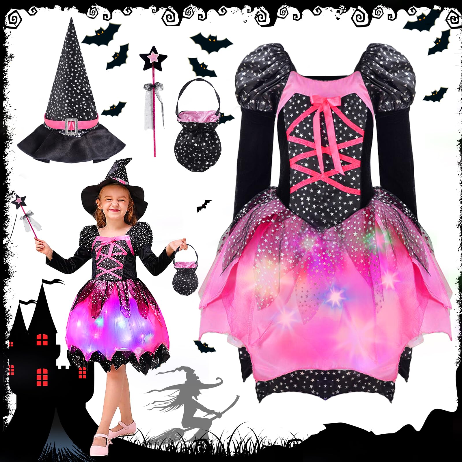 Vleuexe Disfraz de bruja Disfraz para niña con luces Halloween Disfraces halloween Disfraz bruja mujer con Sombrero Bolsa de Dulces Varita Niña de Cosplay,Halloween,Mardi Gras,Carnaval y Fiesta120CM