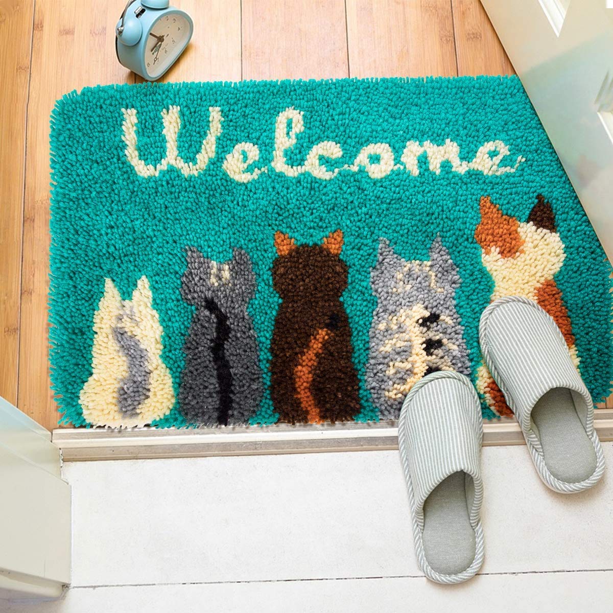 ROCKY&CHAO Kit de Alfombras con Gancho de Pestillo 3D Latch Hook Manualidades Kits DIY Kit de Punto de Cruz Fabricación para Adultos Niños Decoración del Hogar 60x40cm(Cinco gatitos)