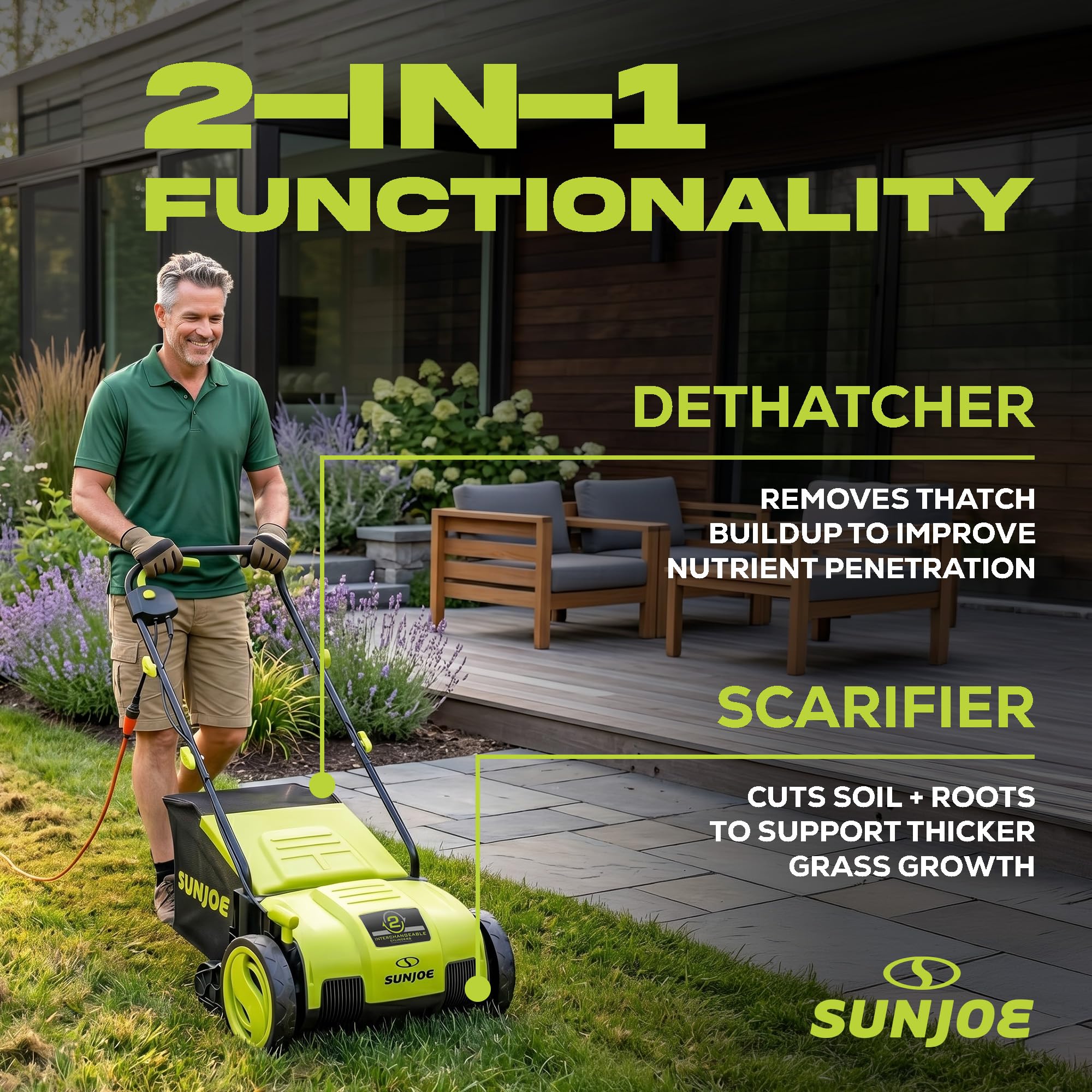 Sun Joe AJ798E - Desechador eléctrico y escarificador de 12 amperios y 13 pulgadas con bolsa de colección extraíble de 8 galones, ajuste de altura de 4 posiciones, tecnología Airboost aumenta la salud