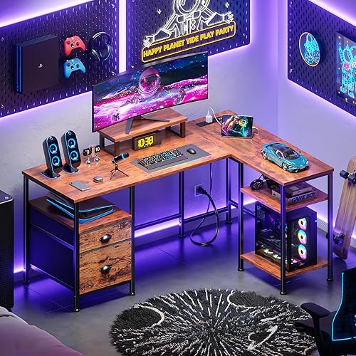 Miniatura 8 de Furologee - Escritorio para computadora en forma de L con toma de corriente, escritorio reversible para oficina en casa para trabajo y estudio, mesa