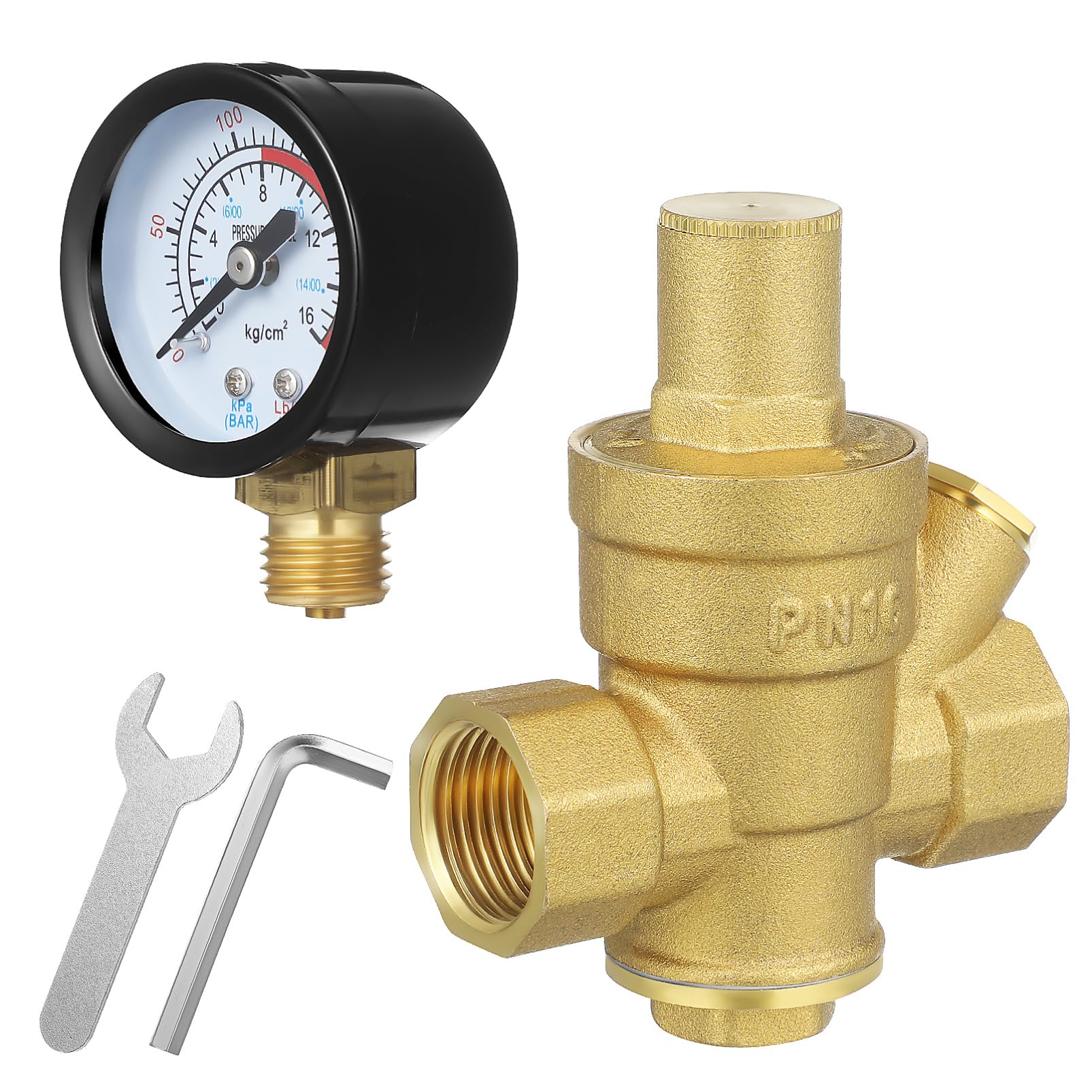 RV Water Pressure Regulator with 1/2 inch Gauge and Wrenches - Brass DN15 Water Pressure Reducing Valve - Adjustable Water Valve for RV Home Water Regulator