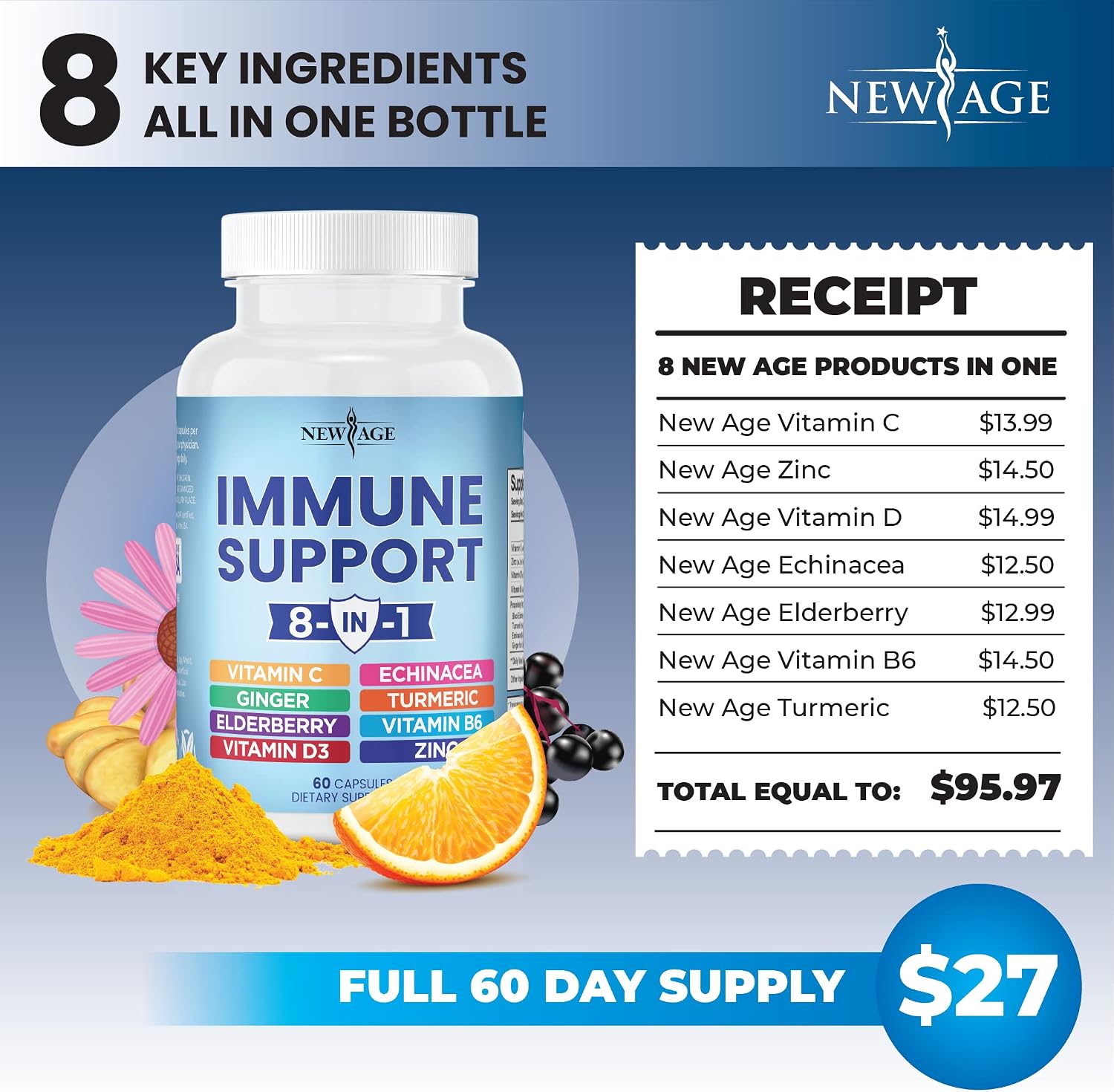8 in 1 Immune Support Booster Supplement with Elderberry, Vitamin C and Zinc 50mg, Vitamin D 5000 IU, Turmeric Curcumin & Ginger, B6, Echinacea (8 in 1 Capsules (Pack of 3))