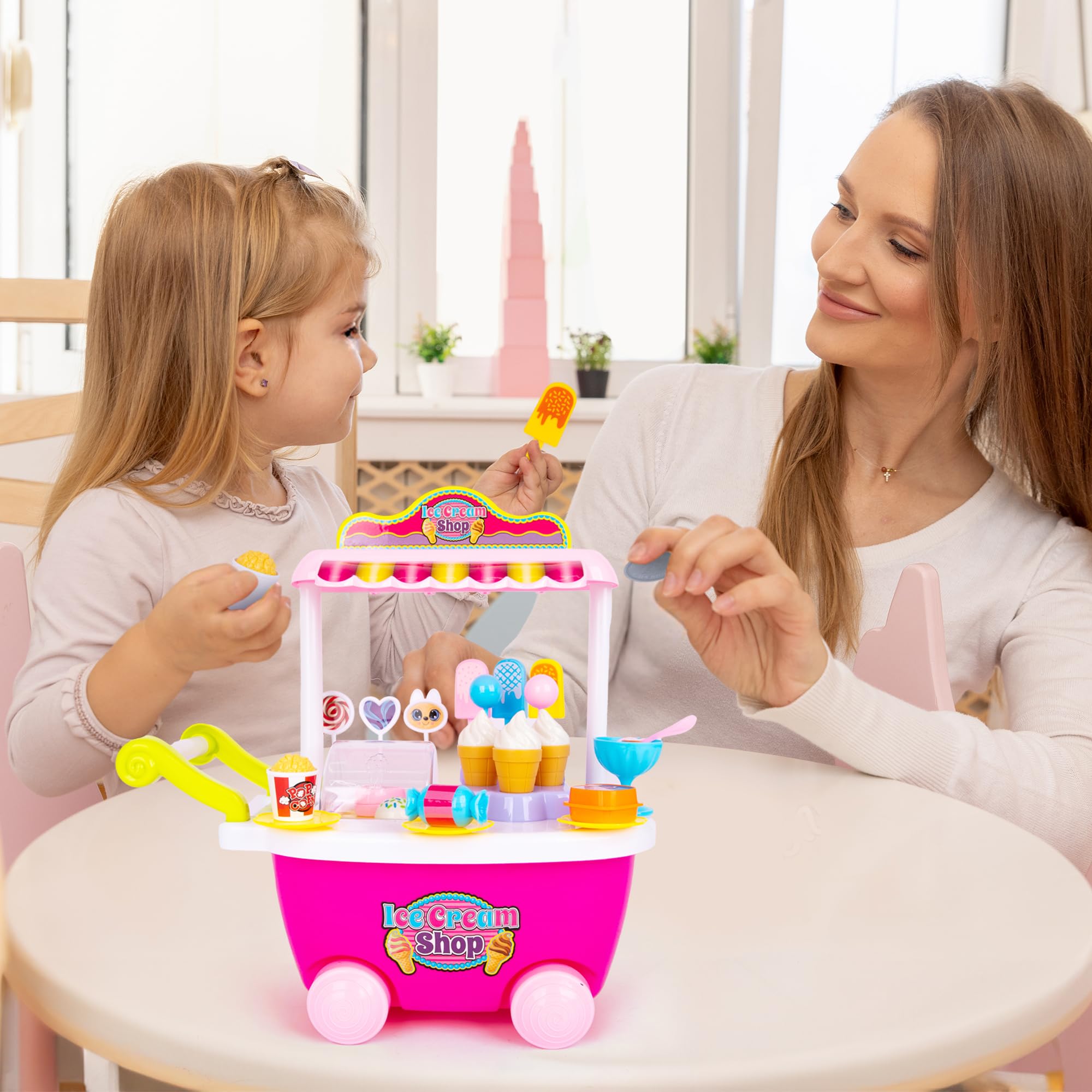 Carrito De Compras De Helado Con Luces Y Música, Carrusel Giratorio 360°, Juego De Rol Con 7 Helados, Donuts, Piruletas, Monedas Y Billetes, Almacenaje Incluido - Regalo Para Niños +3 Años (Verde)