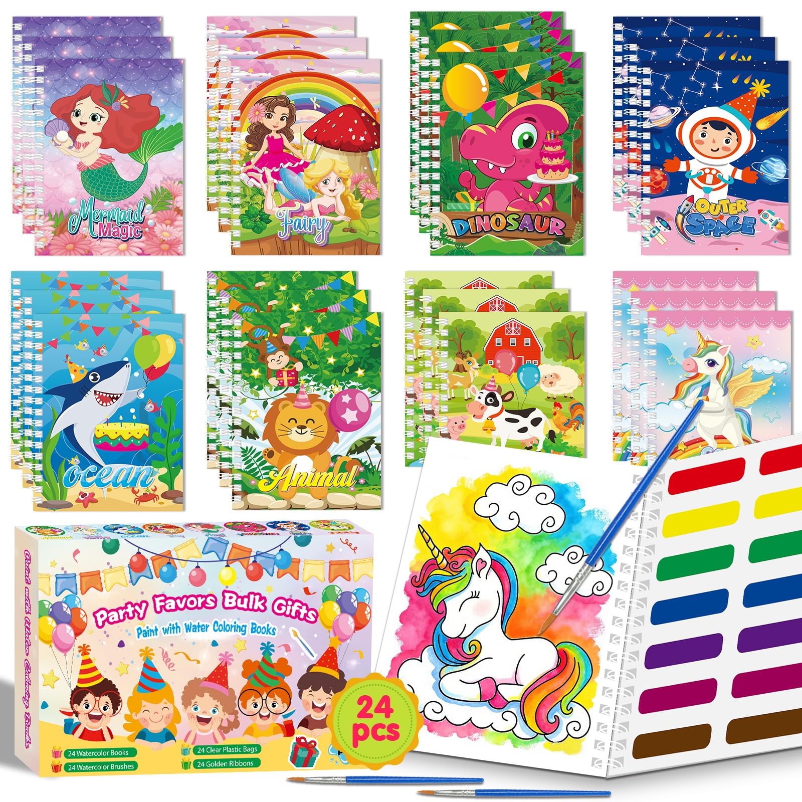 Kalysky 24 Pack Water Colouring Books for Party Bag Fillers, Mini Watercolor Colouring Books for Party Bags, Drawing Activities Birthday Gift