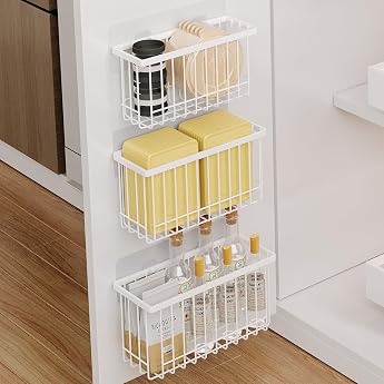 Mustorn Pack of 3 Kitchen Cabinet Door Storage Box Self-Adhesive Kitchen Cabinet Door Organiser Tupperboxes Organiser Wall-Mounted Organiser Basket Kitchen Container Small No Drilling White