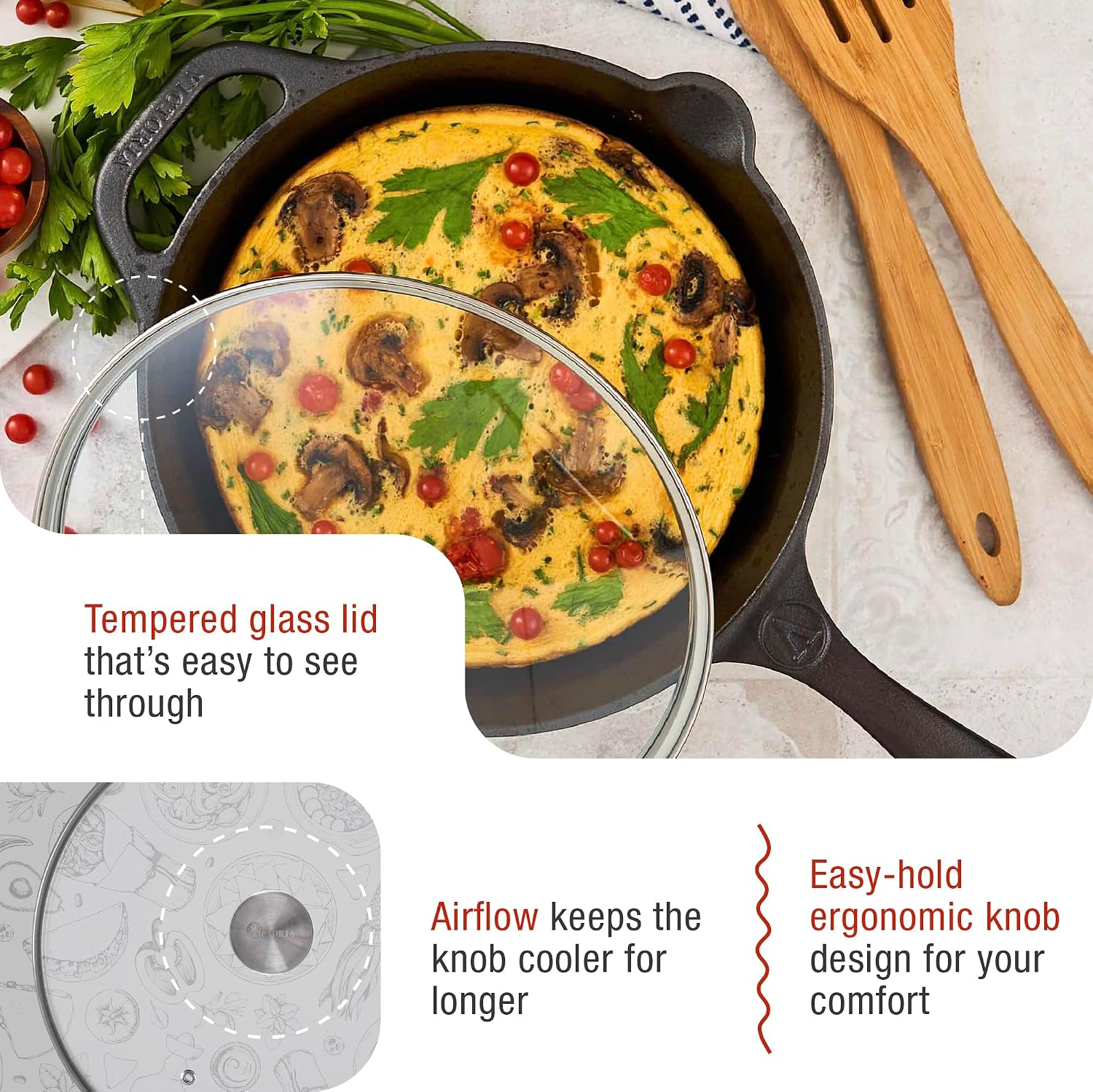 9.5-Inch Glass Lid for Victoria Round 10-Inch Cast Iron Skillet or Pan, Custom Made for Only Victoria Brand, Internal Diameter 9.5-Inch, External Diamter 10 Inch