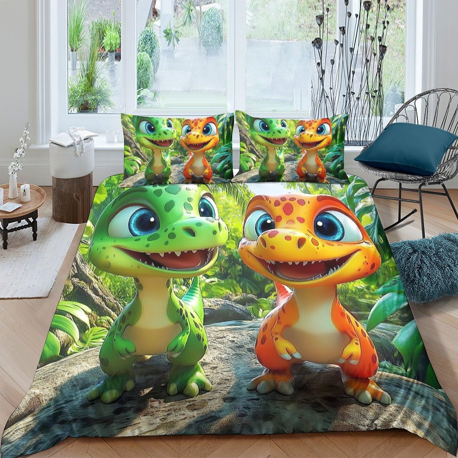 GPLZQXKJNH 3D Printed Cute Green Dinosaur Duvet Cover Microfiber Bedding Set with 2 Pillowcases, Orange Cartoon Dino, Soft Breathable, Bedroom Decor Single（135x200cm）