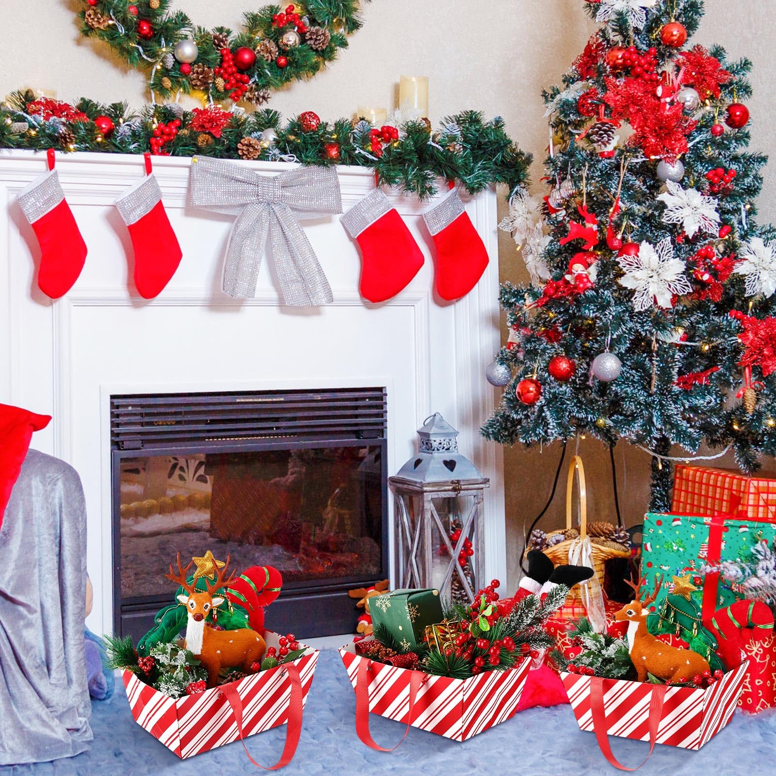 Pinkunn 48 cestas de Navidad vacías a granel con diseño de bastón de caramelo rojo y blanco con asa, bandeja de mercado para envolver regalos, exhibición de regalos de vacaciones (9.8 x 6.5 x 4.3