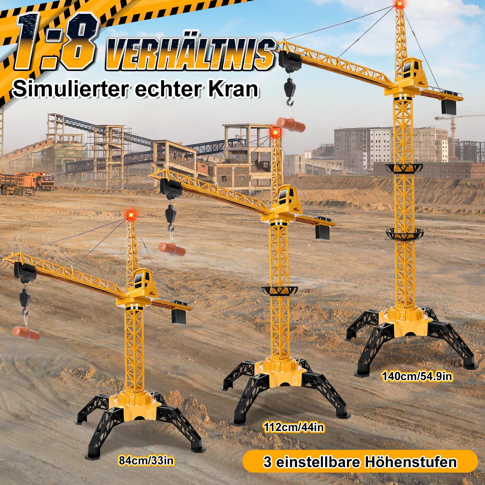 Herenear Ferngesteuerte Kran Spielzeug, 140 cm Hohe Spielzeug Kran Mit Hebehaken, 360° Drehung, Lichter Und Verkehrsschilder Kinder, 2,4 Ghz RC Turmkran Für Kinder Ab 8+ Jahre