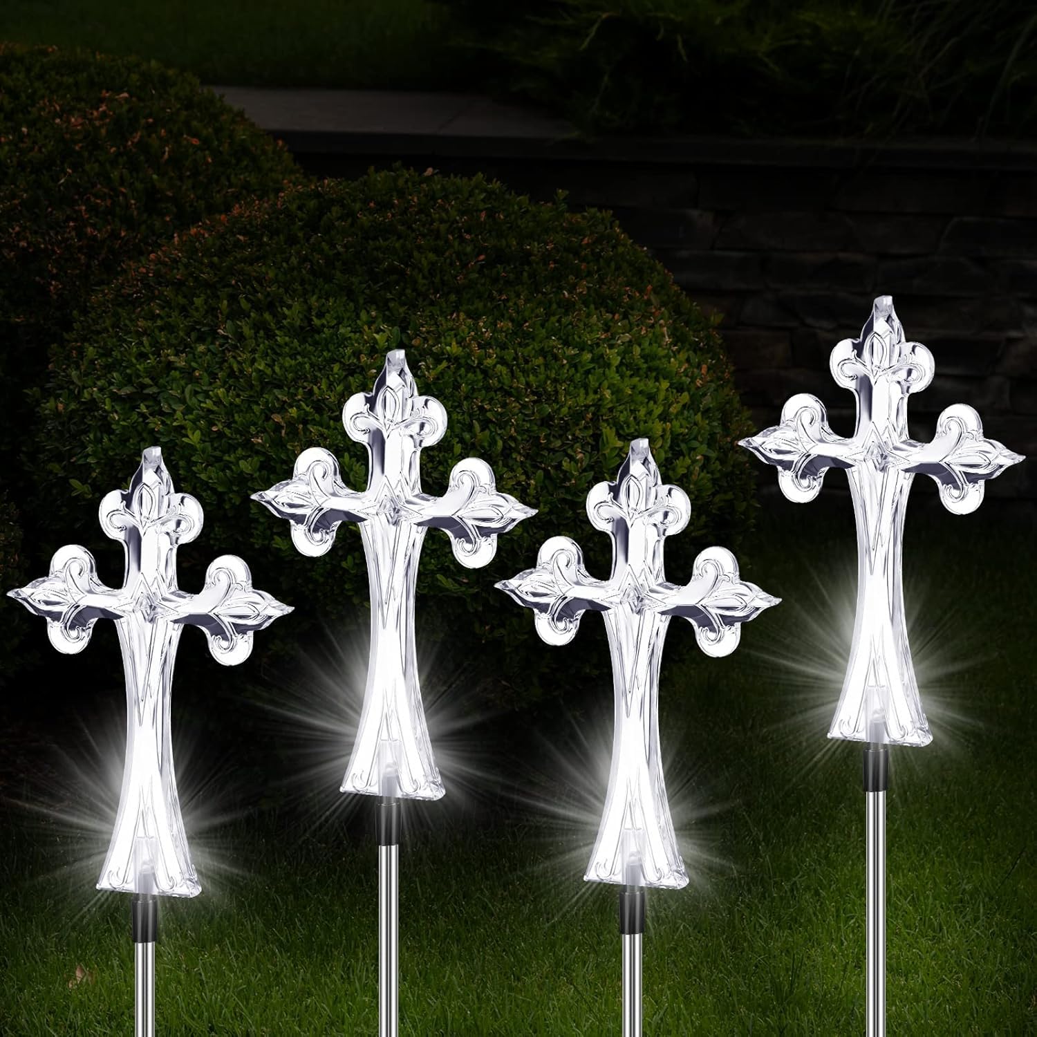 Widdle Gifts 4 Piece Solar Cross for Cemetery Grave Grave Crosses for Cemetery Memorial Stake Solar Lights Waterproof Outdoor Garden Stake Cross for Graveyard Decorations, 16 Inches Long