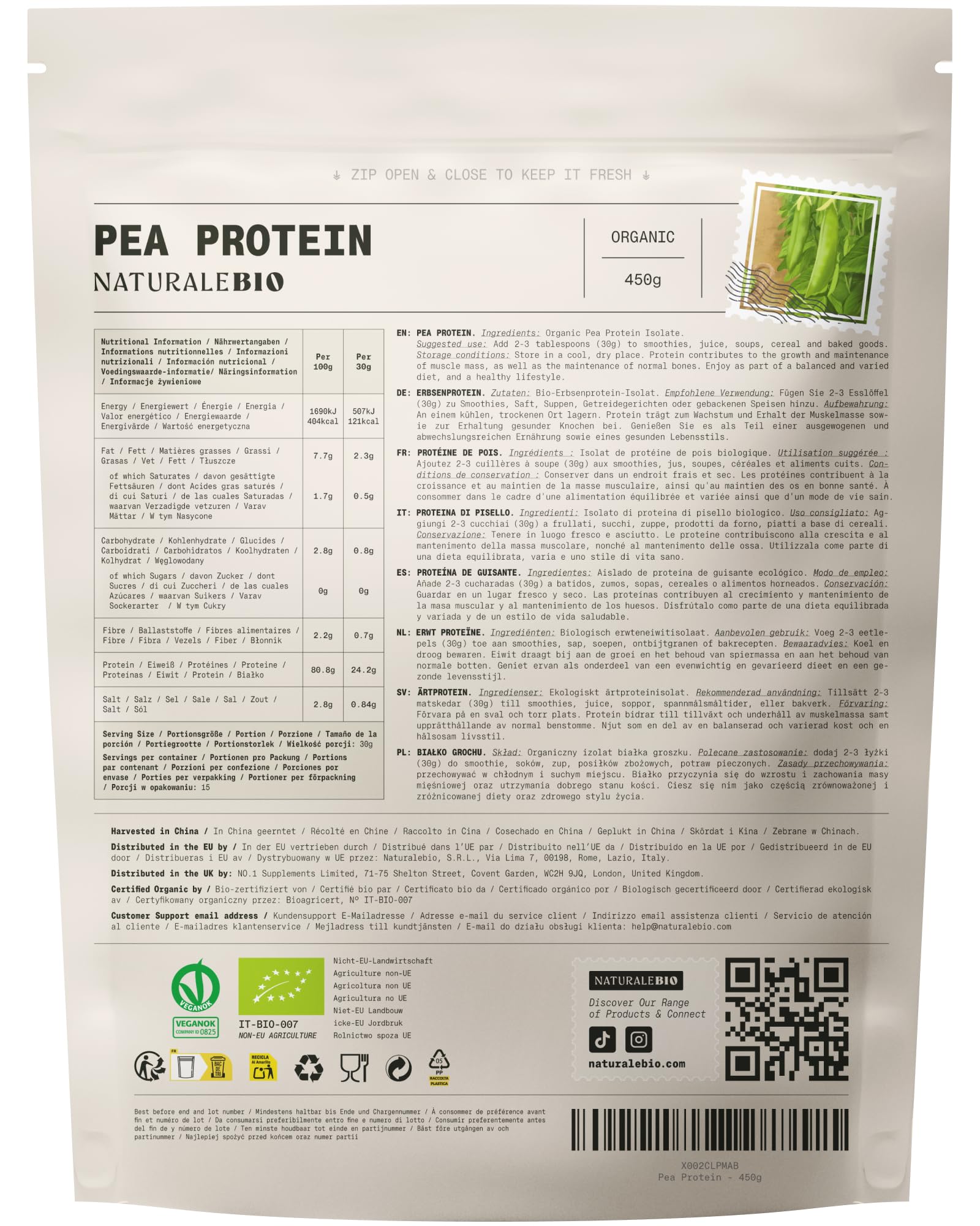 NaturaleBio Proteine di pisello 450g. Vegane, biologiche e non OGM. Ipoallergeniche e facilmente digeribili. Per la gestione del peso, il recupero e la crescita muscolare.