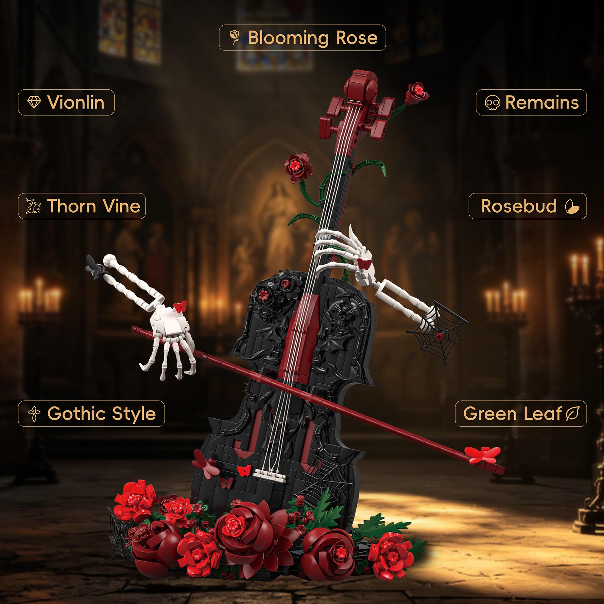 QuirkQuest Gothic Rosen Geigen Bauklötze Set, 1429 Teile Musikinstrument Modell mit Sammlbares Skelett Händen & roten Rosen, Dekoratives Baukasten Display für Erwachsene & Teenager