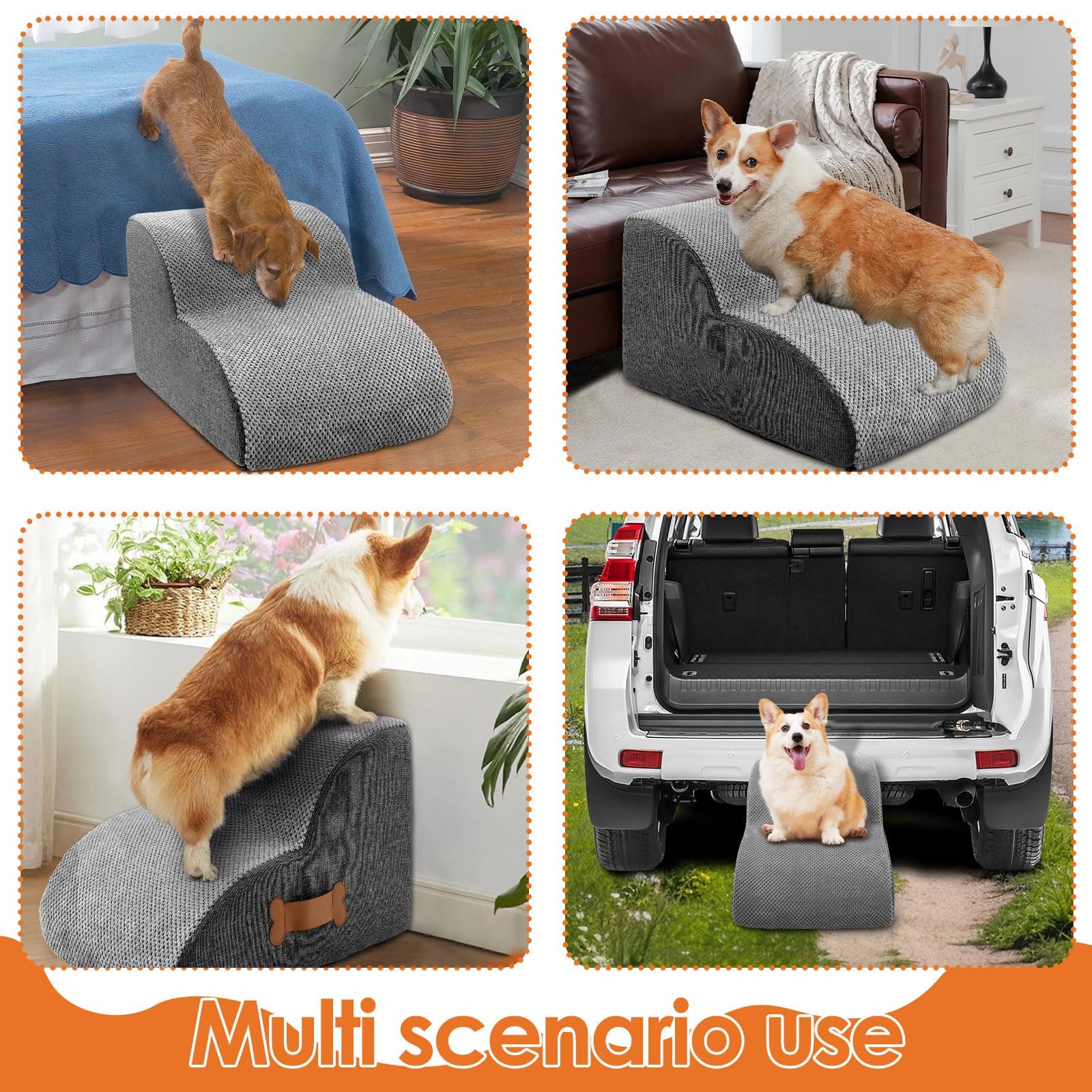 Scala per cani di piccola taglia con rivestimento lavabile e fondo antiscivolo, 55 x 34 x 40 cm, scala per animali domestici, scala a 3 livelli, rampa per cani rimovibile per letto, divano (grigio