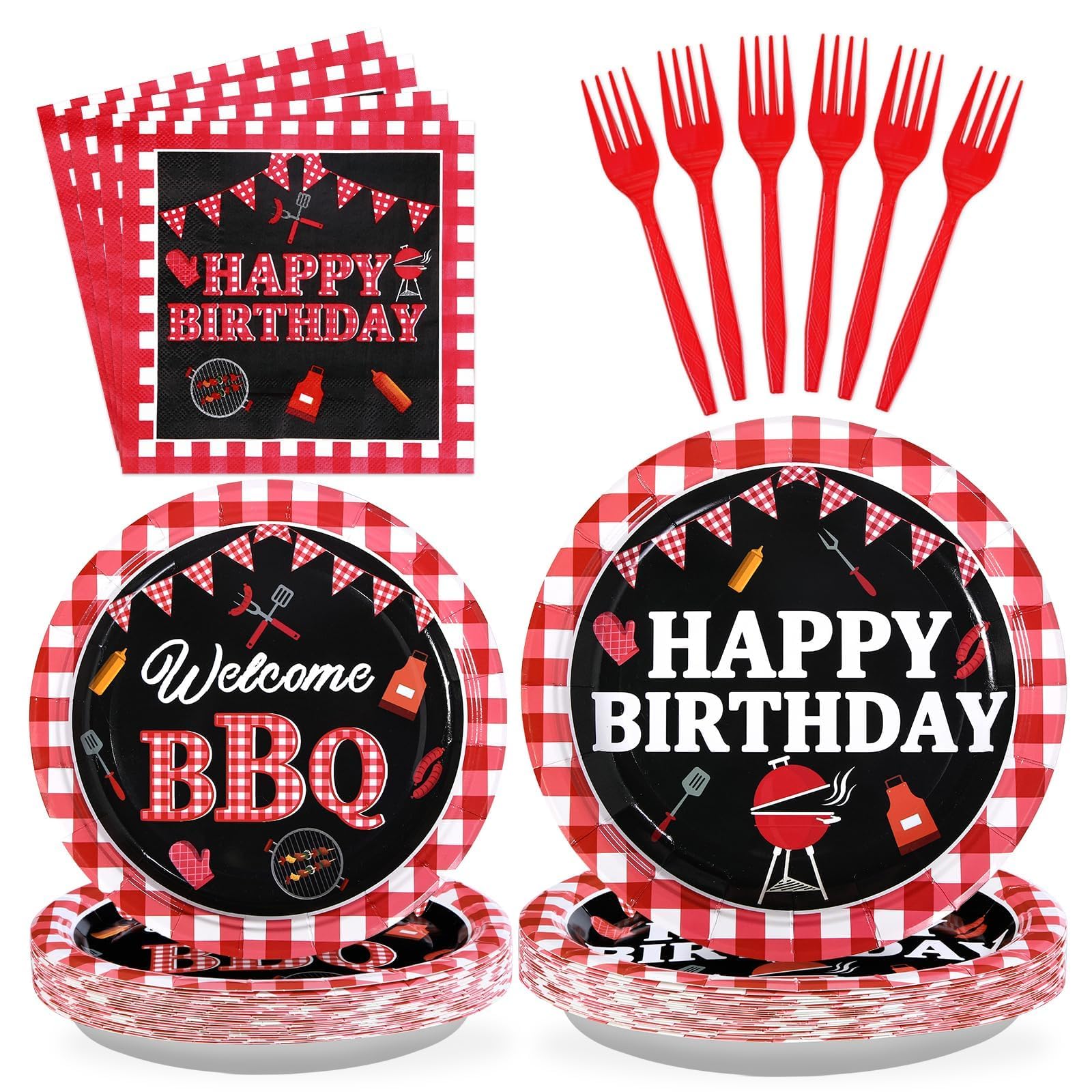 Grencian 96Pcs BBQ Red and Black Gingham Party Decoration, Serve 24