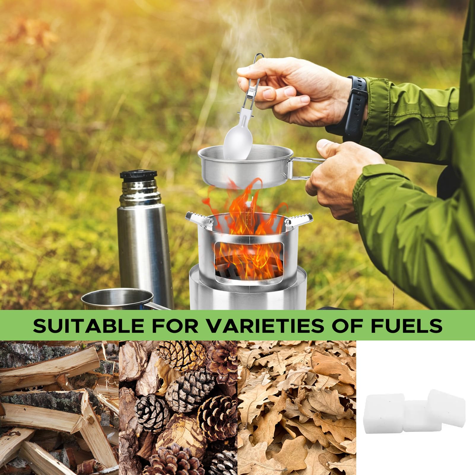 Kit de Utensilios Cocina Camping 11 piezas acero inoxidable 304 con hornillo de leña portátil cocina outdoor con olla sartén platos cubiertos senderismo mochila (Juego horno grande)