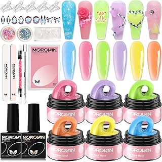 Morovan Solid Builder Gel for Nails - 6 Colors Solid Builder Gel Nail Kit Non Sticky Builder Gel For Nails Extension and 3D Structure Gel for Solid Builder Nail Gel with Base Coat Top Coat Glitter Powder Rhinestones