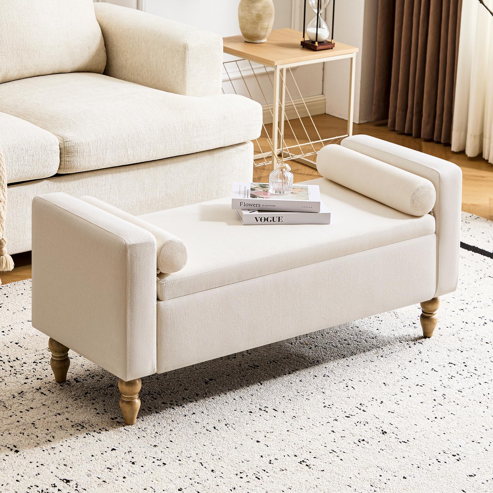 Furnistyle Large Storage Ottoman Bench, 45.7" Linen Upholstered Entryway Bench with Solid Wood Legs, End of Bed Bench, Shoe Bench, Ottoman Storage