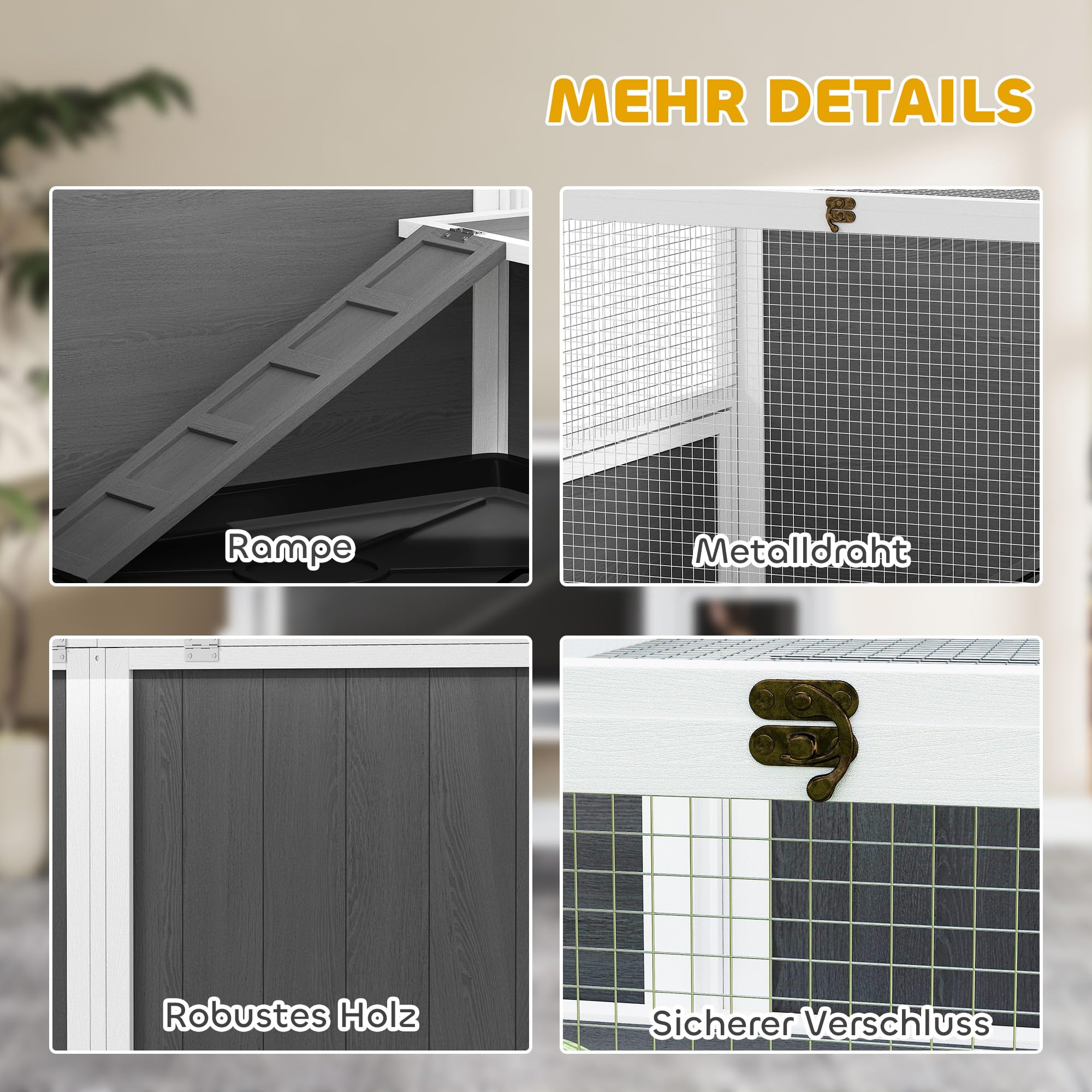 PawHut Conejera Convertible Conejera de Madera con rampa 120 x 53 x 93 cm Jaula para Conejos con entradas, habitación de Descanso, para cobayas, jerbos Gris