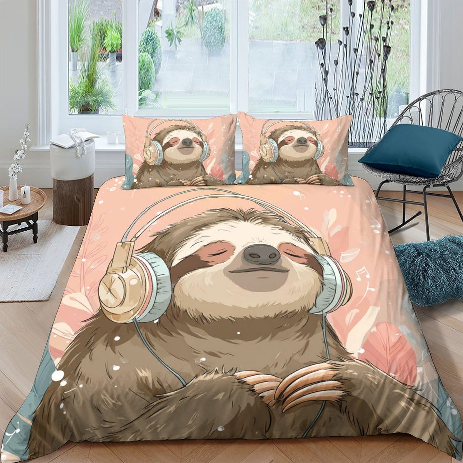 Ctjqhvkz Style-9 3D Printed Sloth Headphones Fitted Sheet Microfiber Soft Pink Cartoon Bed Cover For Bedroom Dorm Mattress Protection Single（135X200cm）