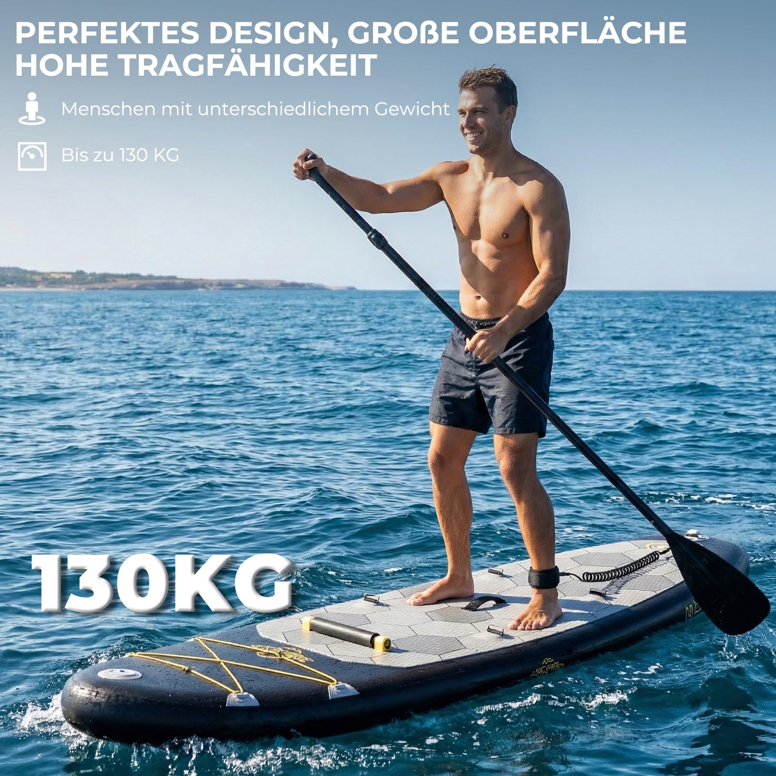 TRIUMPHKEY Aufblasbares SUP Board, Stand Up Paddling Board, Aufblasbare Stand Up Paddle Board mit Zubehör, Paddel, Finnen, Pumpe,330 * 76 * 15cm, Bis 130kg