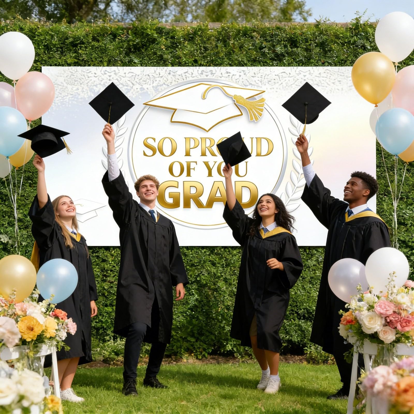 Banderines de fiesta de graduación de clase de 2026 con texto en inglés "Congrats Grad!", doble para fiestas al aire libre e interior