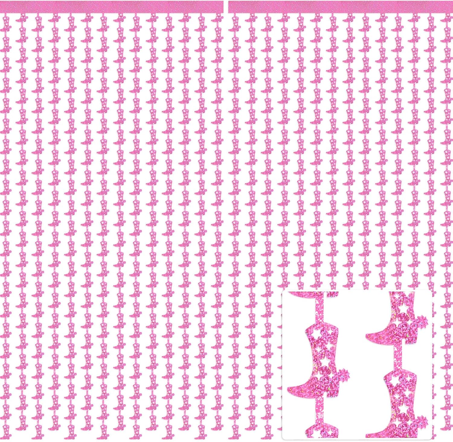 Pasimy 2 Pcs Disco Cowgirl Bachelorette Party Decorations Glitter Western Backdrop Cowgirl Boot Tinsel Foil Fringe Curtains Boots on The Ground Decorations for Last Rodeo Party Decor (Laser Pink)