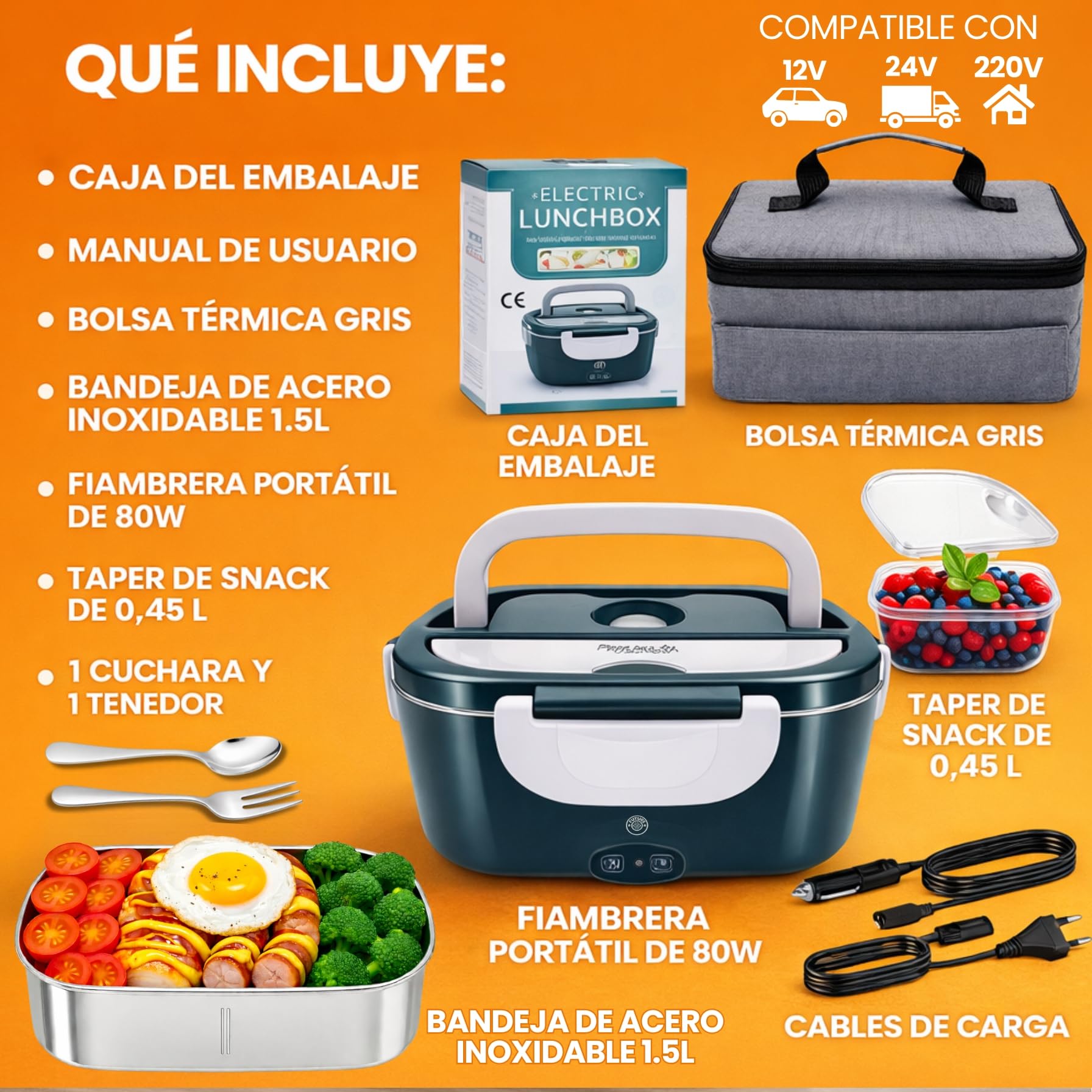 Scaldavivande elettrico portatile 80W 1,5 L, Lunch box, Porta Pranzo Termico - 12V/24V/220V - porta pranzo riscaldabile per auto, camion, ufficio o casa