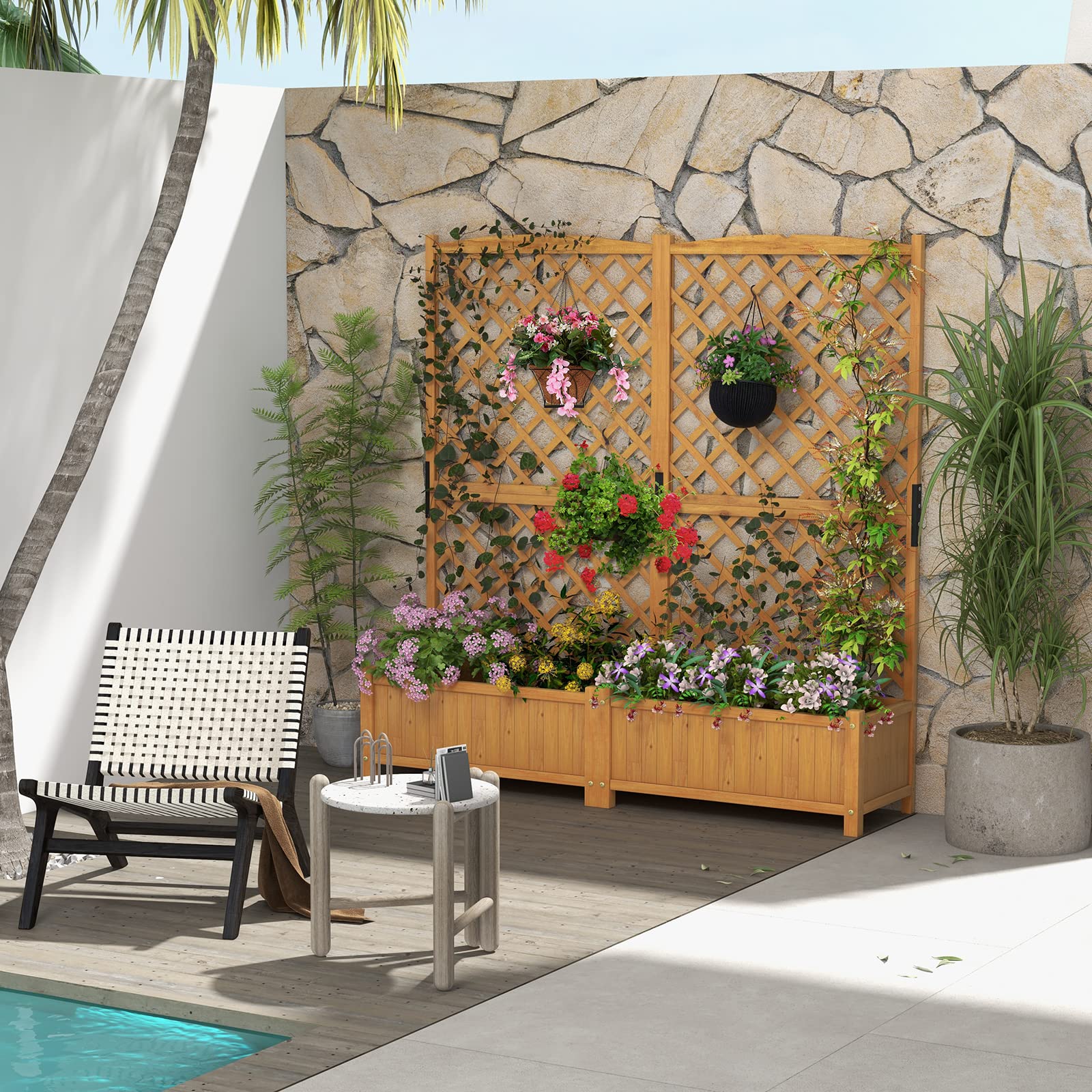 CHEFJOY Wooden Planter Box with Trellis, 71” Freestanding Garden Planter w/Lattice Panel & Drainage Holes, Indoor & Outdoor Raised Garden Bed with Trellis for Vine Climbing Plants (2)