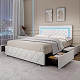 Queen Bed Frame with LED Lights, Upholstered Bed Frame with Storage Drawers, Princess Platform Bed with Diamond Headboard and Footboard, No Box Spring Needed, White