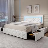 Queen Bed Frame with LED Lights&comma; Upholstered Bed Frame with Storage Drawers&comma; Princess Platform Bed with Diamond Headboard and Footboard&comma; No Box Spring Needed&comma; White