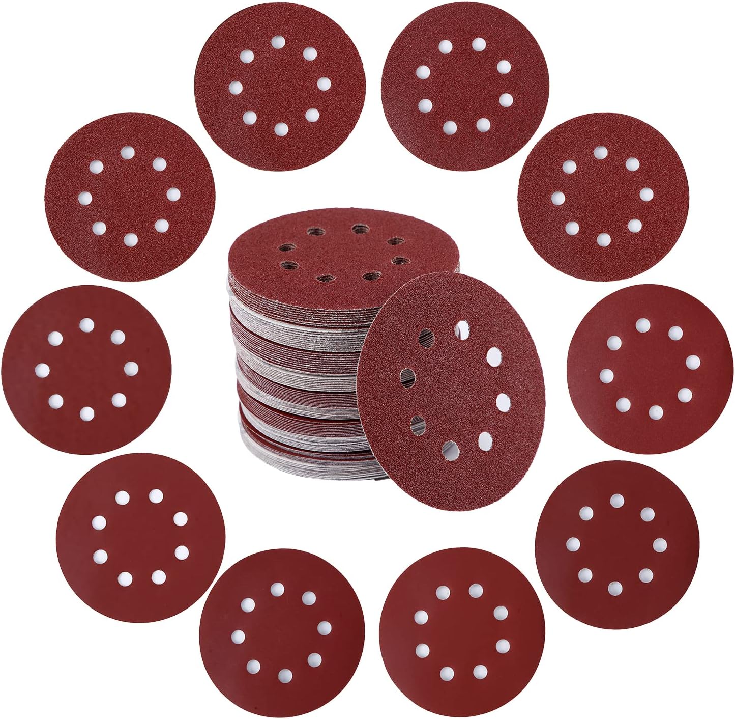 100PCS 5 Inch 8 Holes Sanding Discs 40 60 80 100 120 180 240 320 400 600 Grit Sandpaper Sander Round Sand Paper(100pcs 40-600 grit)