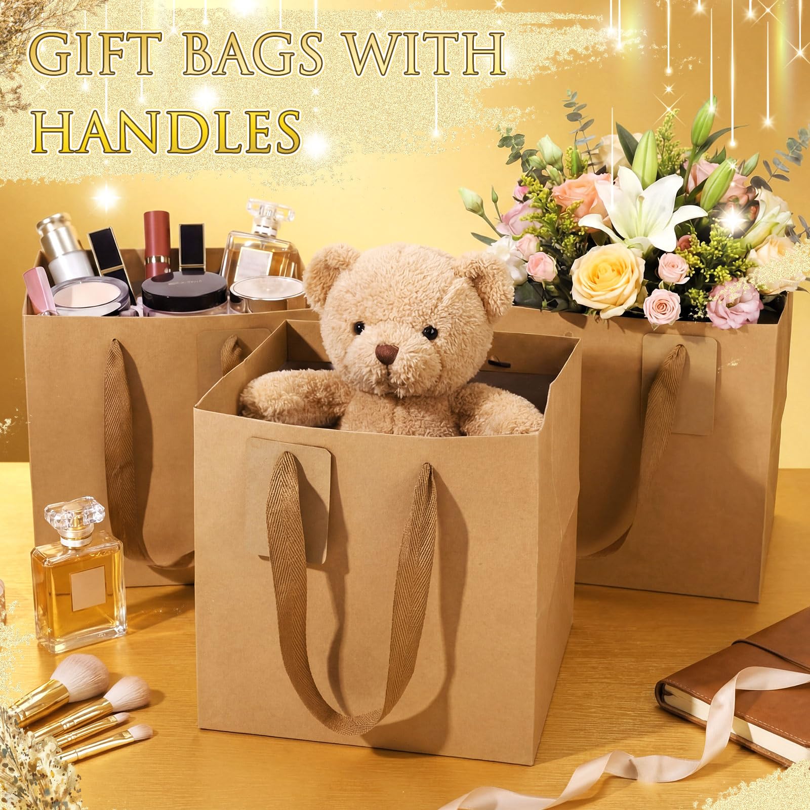 Windyun 25 bolsas de regalo cuadradas de papel con asa de 8 x 8 x 8 pulgadas, bolsa pequeña con etiqueta de agradecimiento para el día de San Valentín, cumpleaños, boda, despedida de soltera, dama de