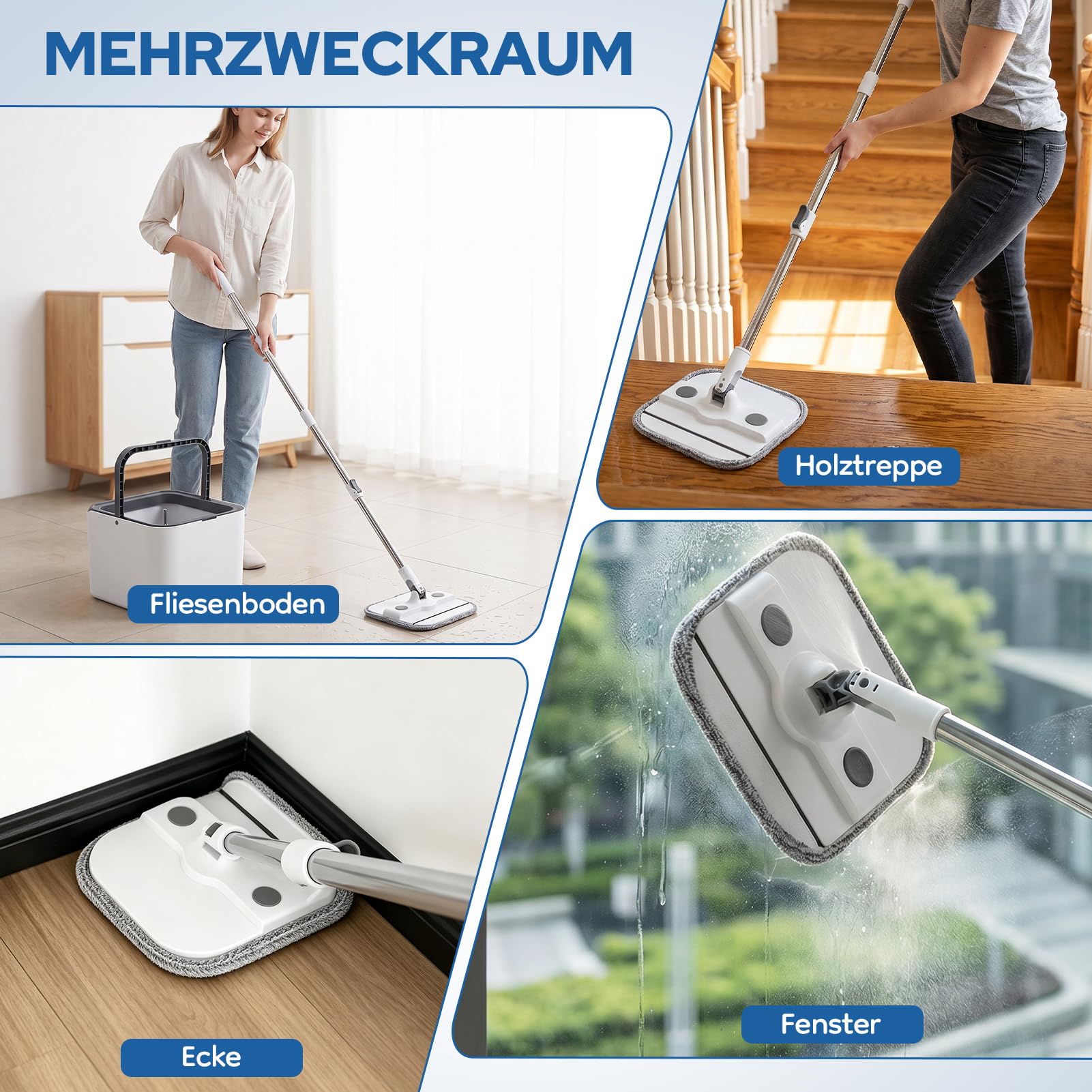 papasbox Wischmopp Set mit Eimer 2 Kammern Bodenwischer Wischer Boden | Auswringfunktion mit 2 Mikrofaser Pads Wischmop für Nass- & Trockenmopps für den Haushalt