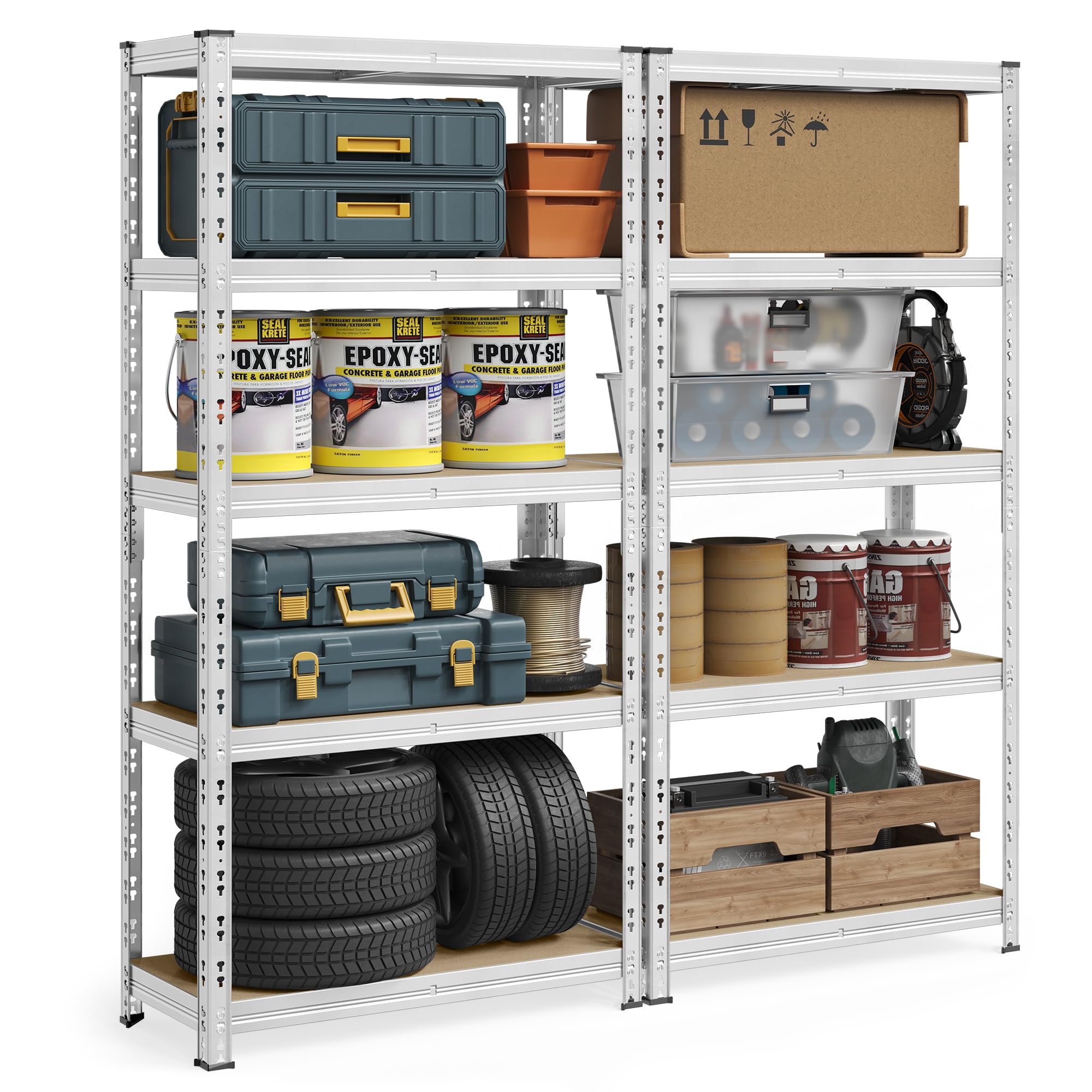 SONGMICS Schwerlastregal, 2er Set, Kellerregal, 40 x 90 x 180 cm, bis 875 kg belastbar, einfache Montage, Lagerregal, verstellbare Ablagen, Lagerregal, silbern GLR455E01