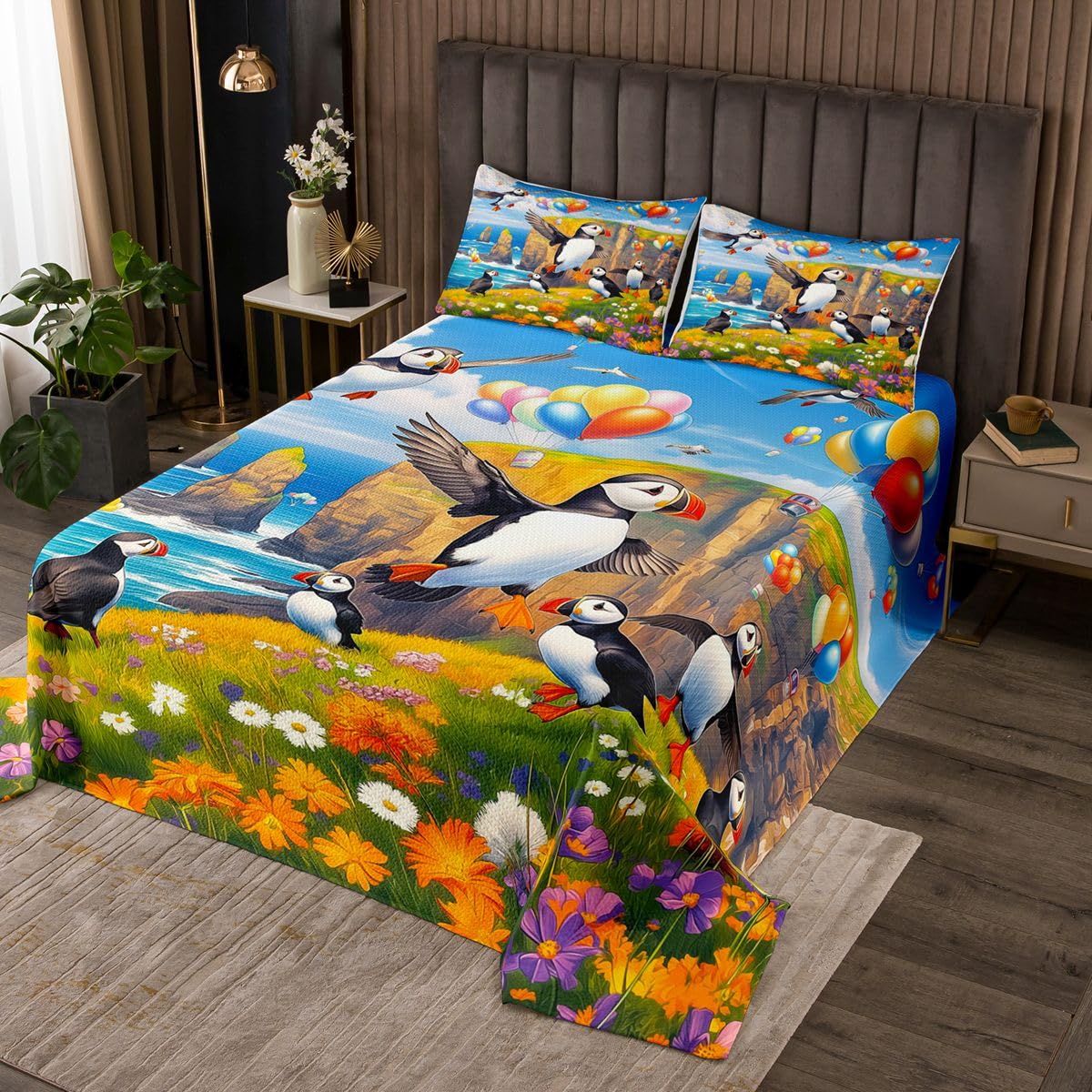 Homewish Juego de colcha de regalo de frailecillos, tamaño King, con temática de pájaros oceánicos, paisaje costero, juego de edredón para niños, adolescentes y niñas, ropa de cama acolchada con