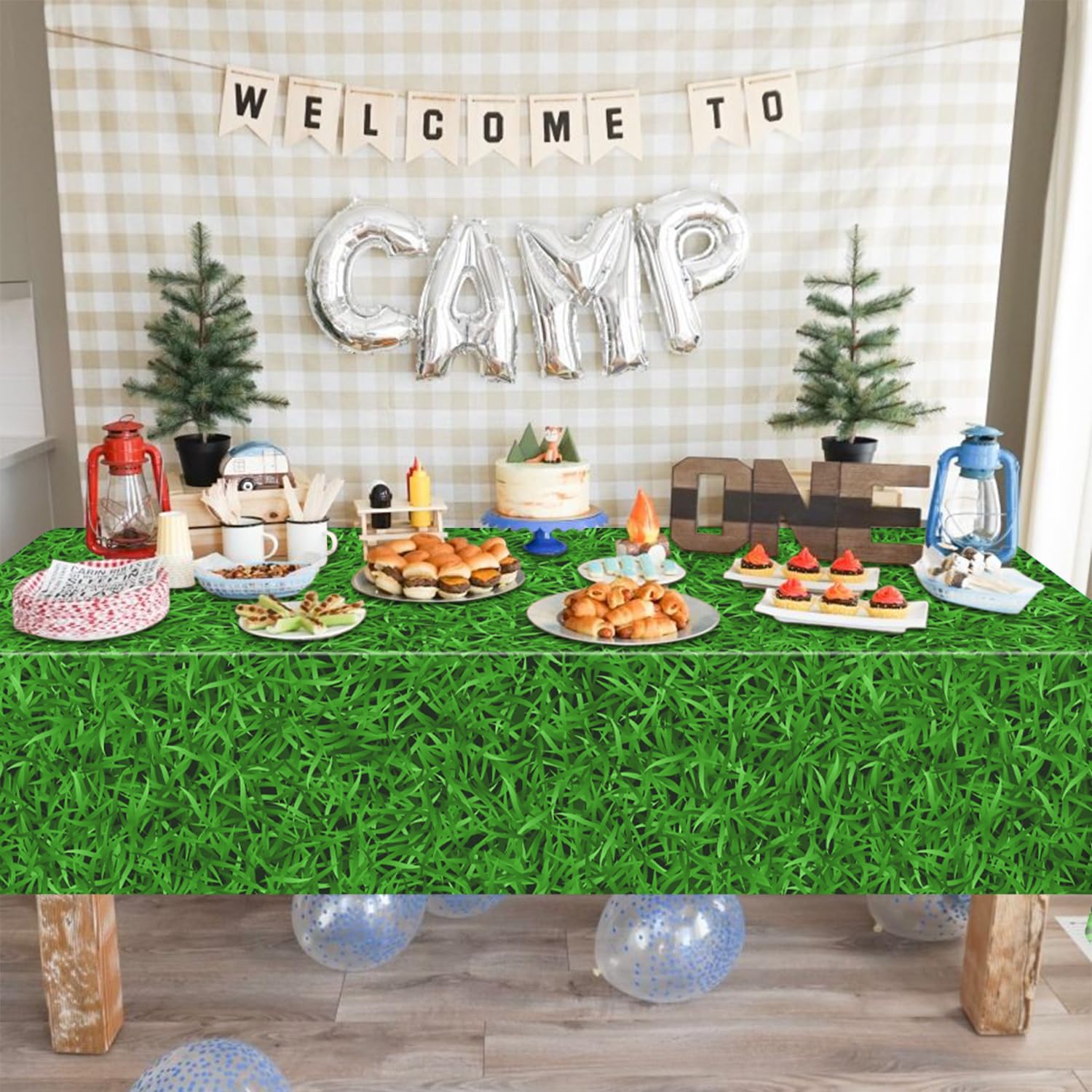 APUXXJUPA 4 Pcs Green Grass Tablecloths, 130 x 220 cm Grass Table Covers for Golf Party Decorations Woodland Baby Shower Decorations - Image 4