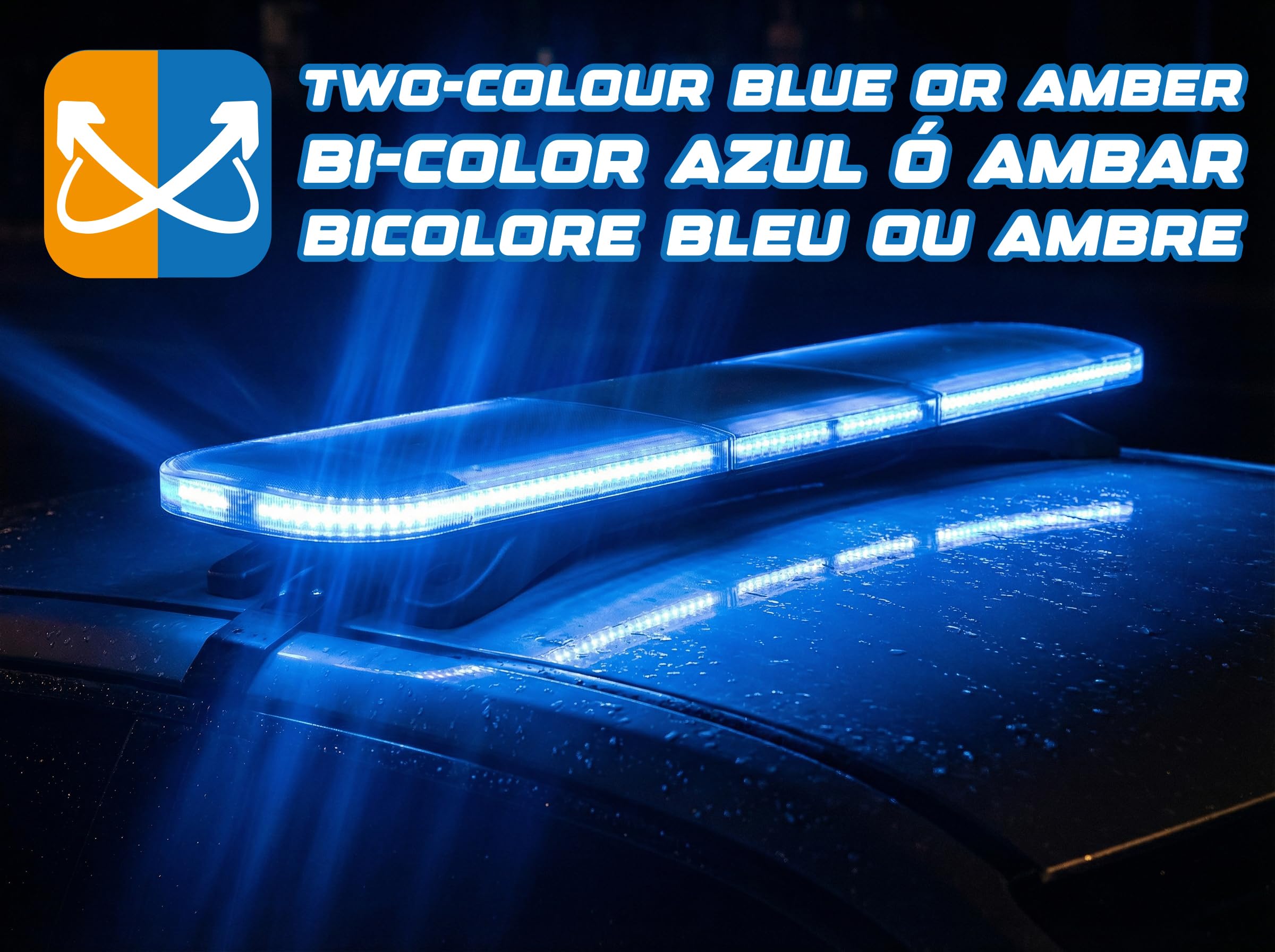 Ryme Automotive Puente LED Emergencia 1.200 mm Bicolor Ámbar/Azul – Homologado ECE R65 TA2/TB2 – 12V/24V – 28 Funciones – Lente Clara – IP66