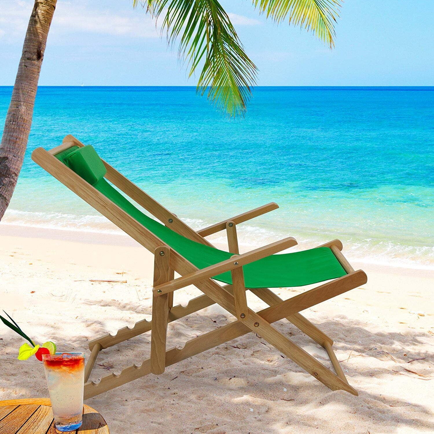 Modern Minimalism Wooden Sling Chair with Headrest, Natural Frame/Green Canvas, Adjustable Five-Recline Feature Sling Chair - 26.5" D x 42" W x 33" H