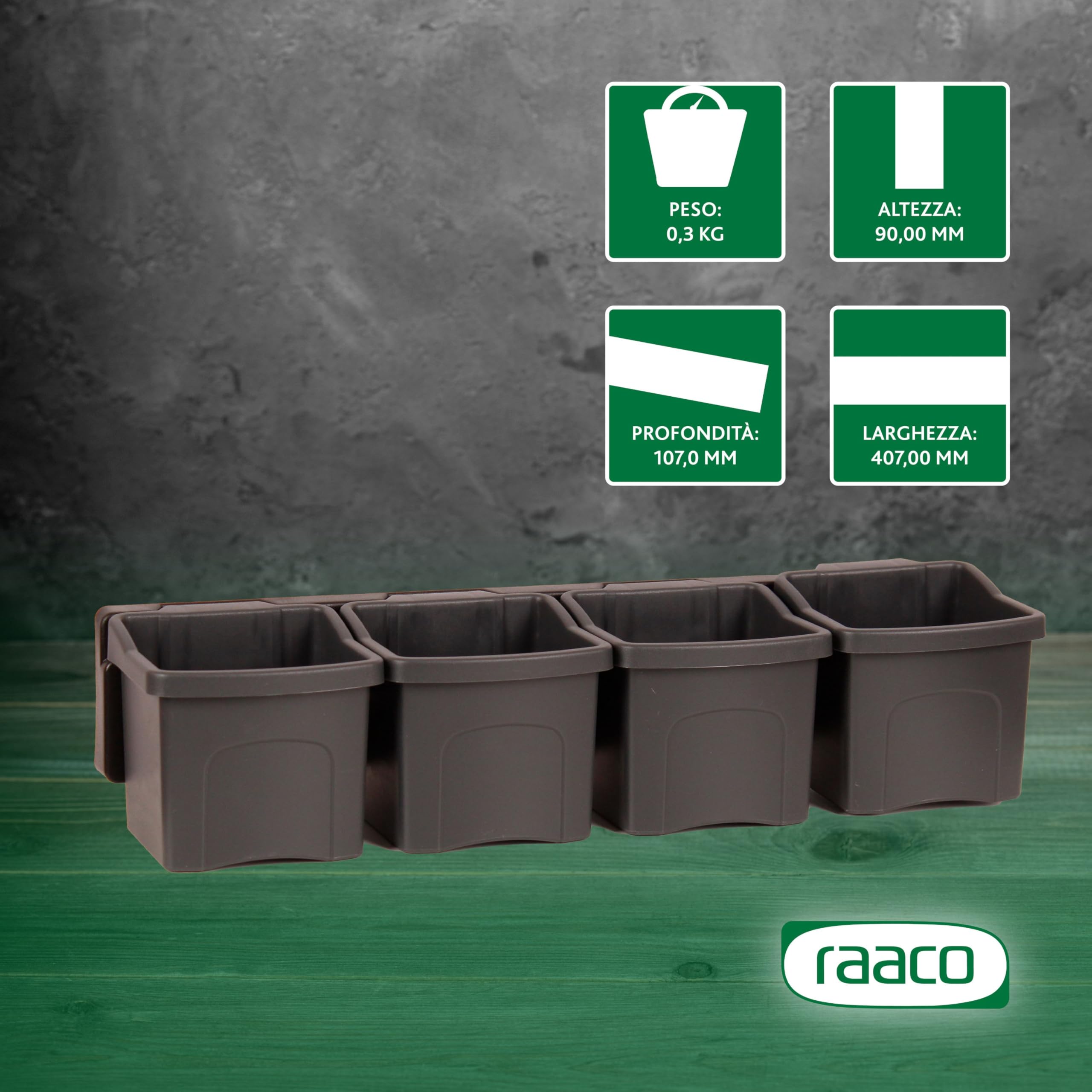 Raaco Cup set 1 Pannello Porta Attrezzi da Parete con 4 Contenitori 10,7 x 40,7 x 9 cm