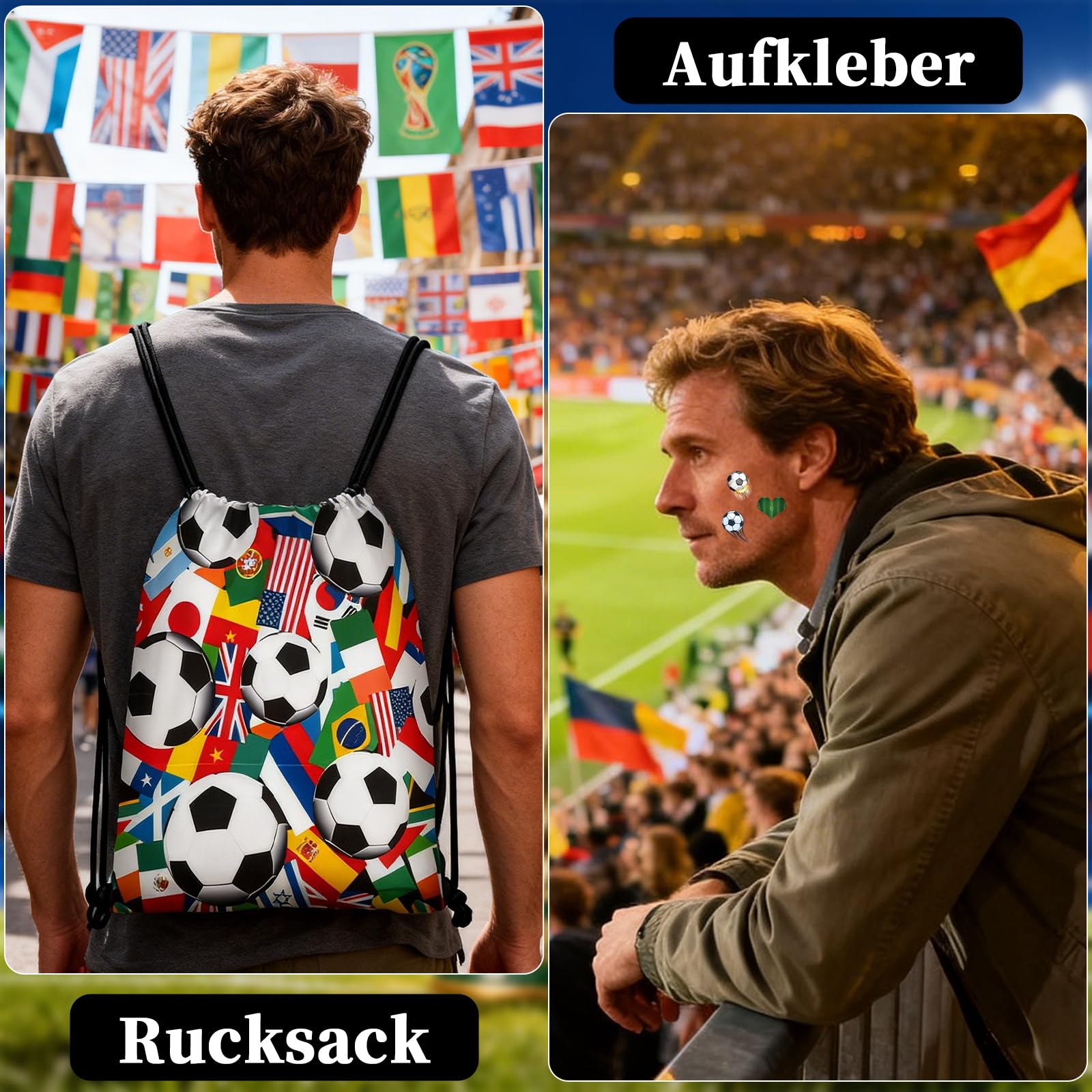 World Cup Football 2026 Drawstring Bag And World Cup 2026 Tattoos - 2pc World Cup Supporter Fan Gear For Boys Girls, Multi-Nation Flag Backpack & Stadium Accessory Set — view 3
