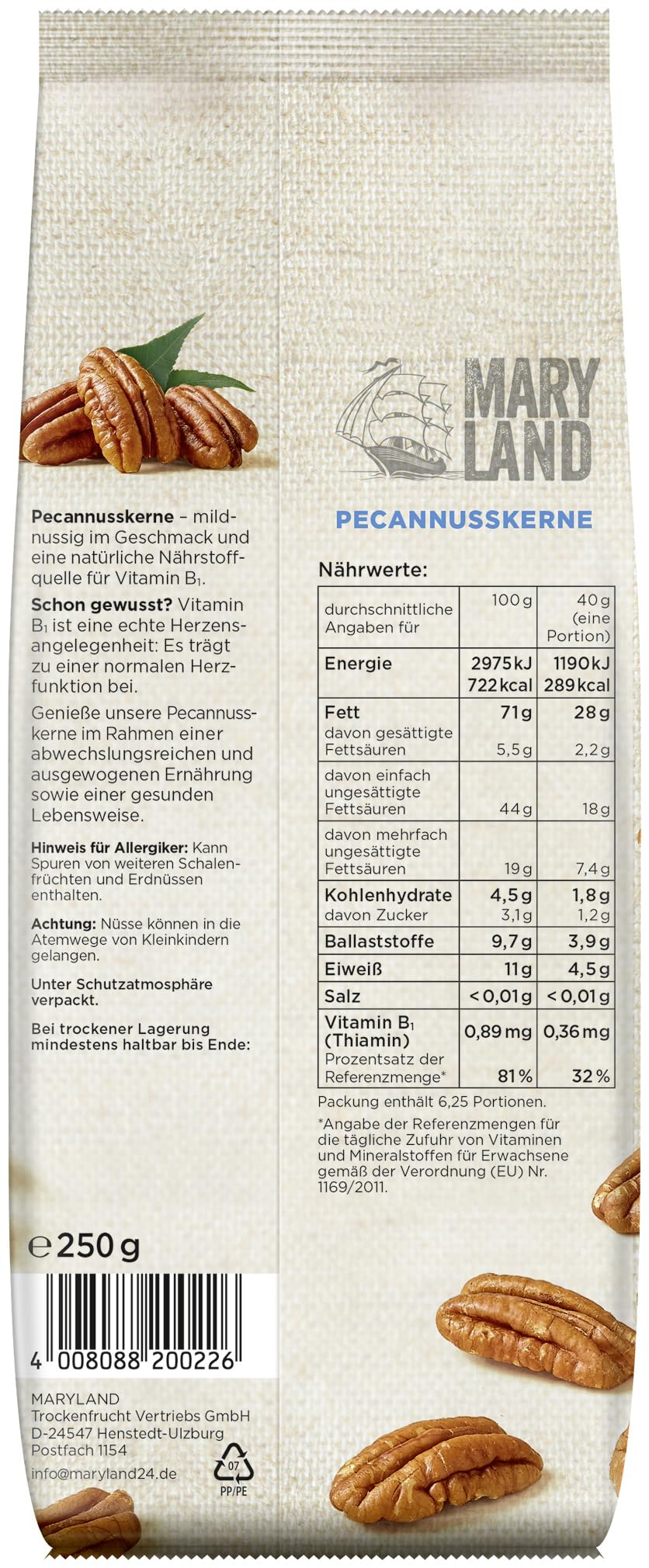 Maryland Pecannusskerne 250g Beutel 6er Pack – Pecannusskerne naturbelassen, vegan, frei von künstlichen Aromen, ohne Zusatzstoffe – Im praktischen Beutelformat genießen (6 x 250g)