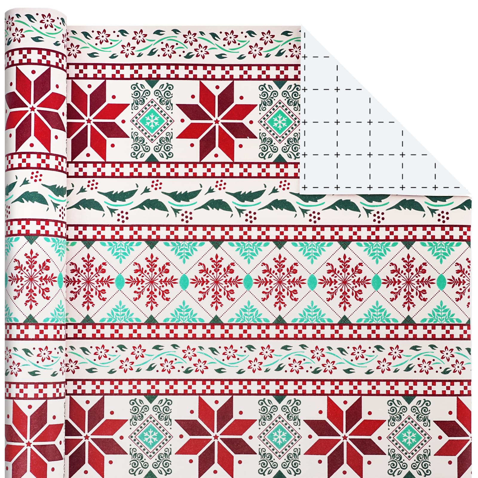 BIOBROWN Christmas Wrapping Paper, Nordic Snowflake Folk Pattern,43cm x 10m