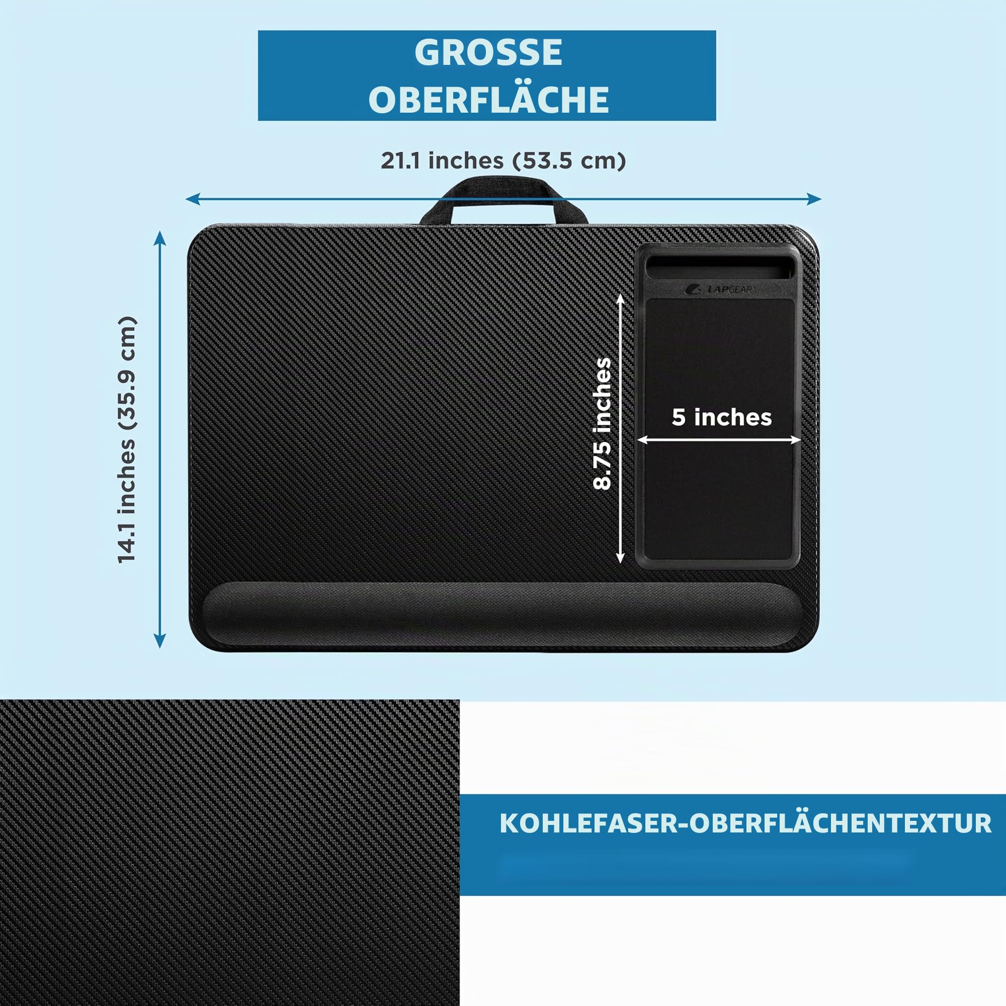 LapGear Home Office Pro Knietisch mit Handgelenkauflage, Mauspad und Handyhalterung, für Laptops mit bis zu 15,6 Zoll (39,6 cm), Schwarz
