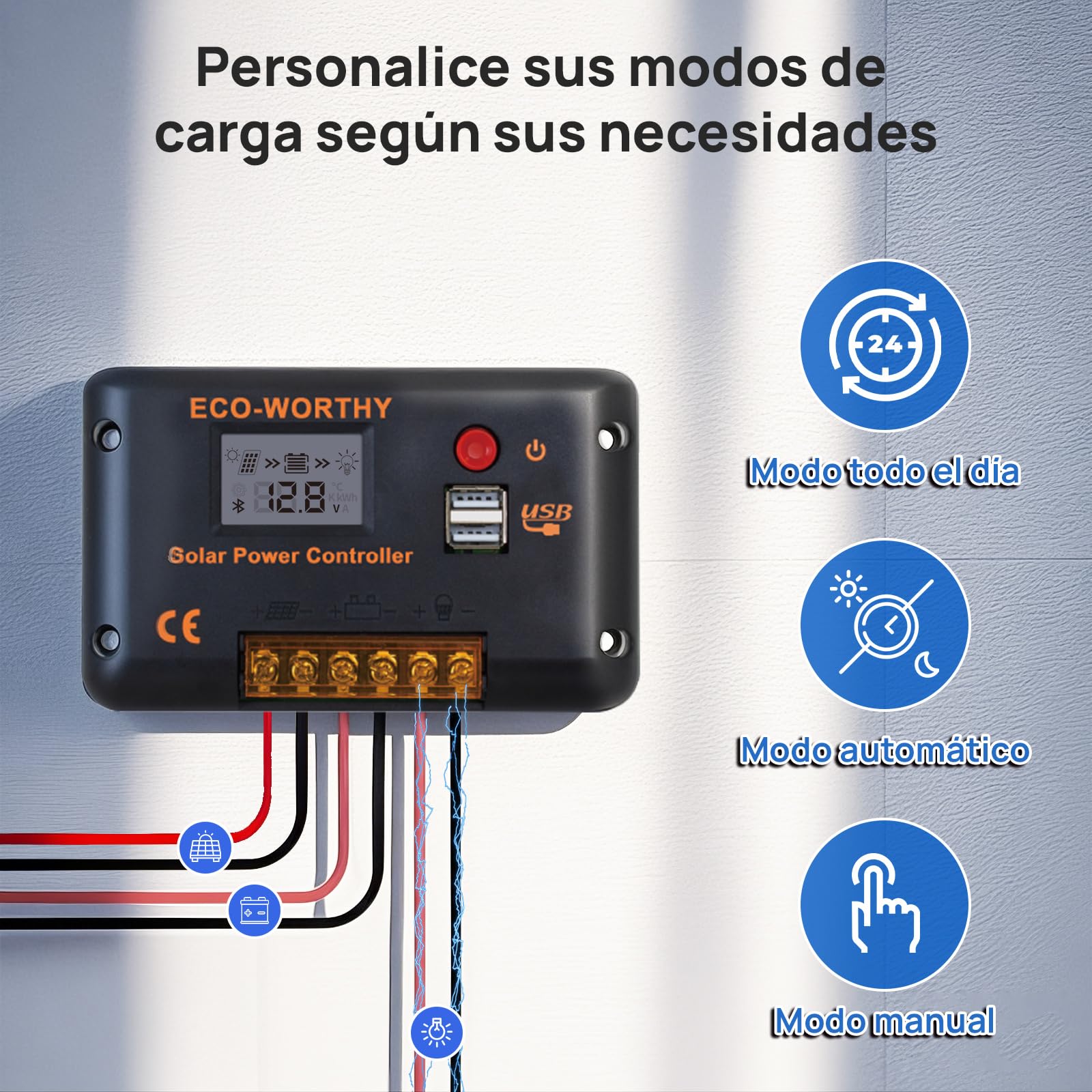 ECO-WORTHY Regulador de Carga Solar 30A Controlador inteligente para paneles solares y baterías con 2 puertos USB 12/24 V PWM Apto para bateria lifepo4, plomo-ácido y gel