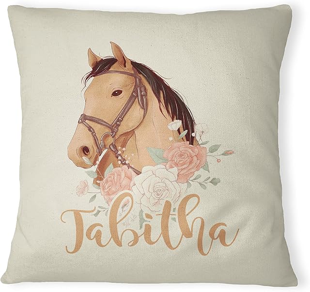 Personalised Floral Horse Cushion Cover, Girls Gifts For Birthday Christmas 100% Cotton Square Home Throw Pillow and Insert for Couch, Sofa, Chair, Bedroom or Living Room, Cover & Pad, Natural